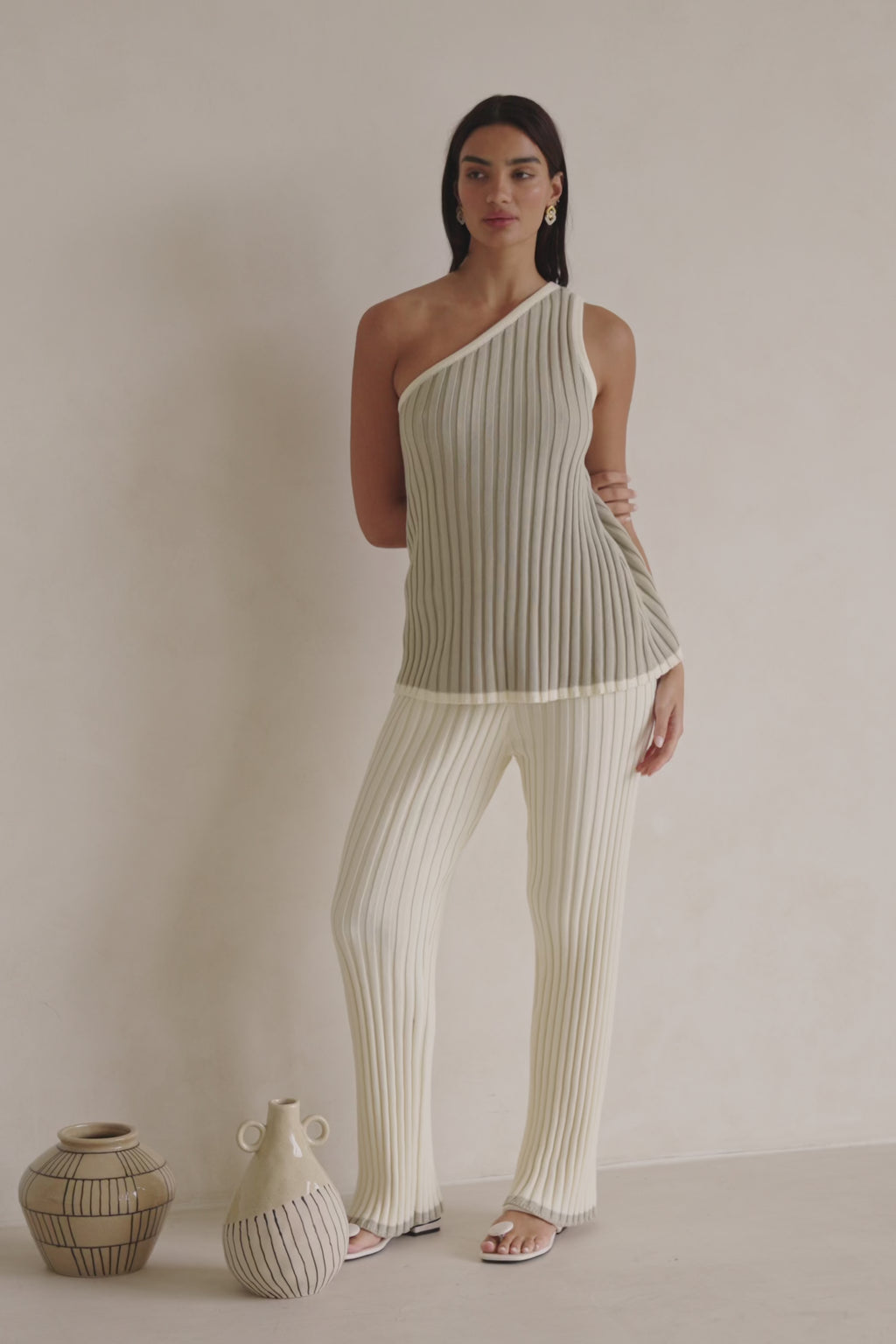 Stone Grey Ribbed Cotton One Shoulder Aylani Top