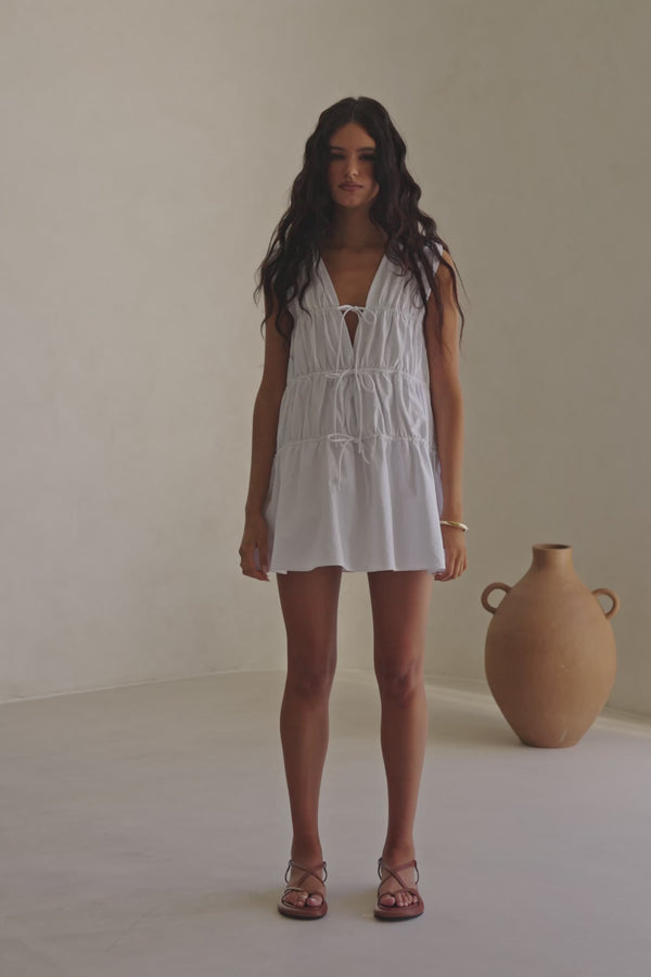 Bridal White Gathered Drawstring Mini Joslin Dress