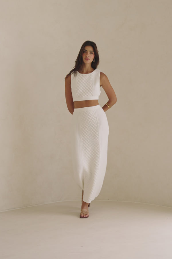 White Cable Knit Crop Lotus Top