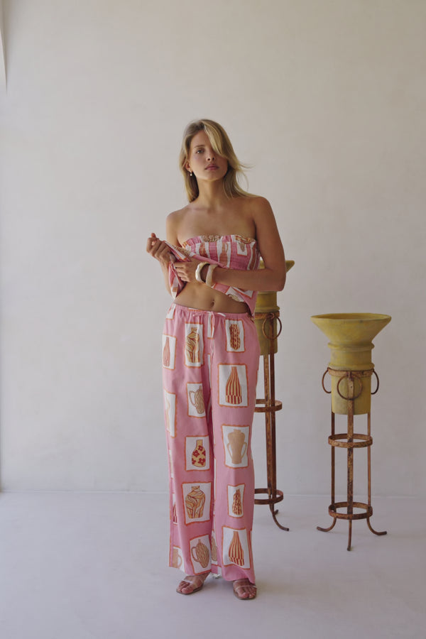 Pink Florero Print Elastic Drawstring Lucia Pants