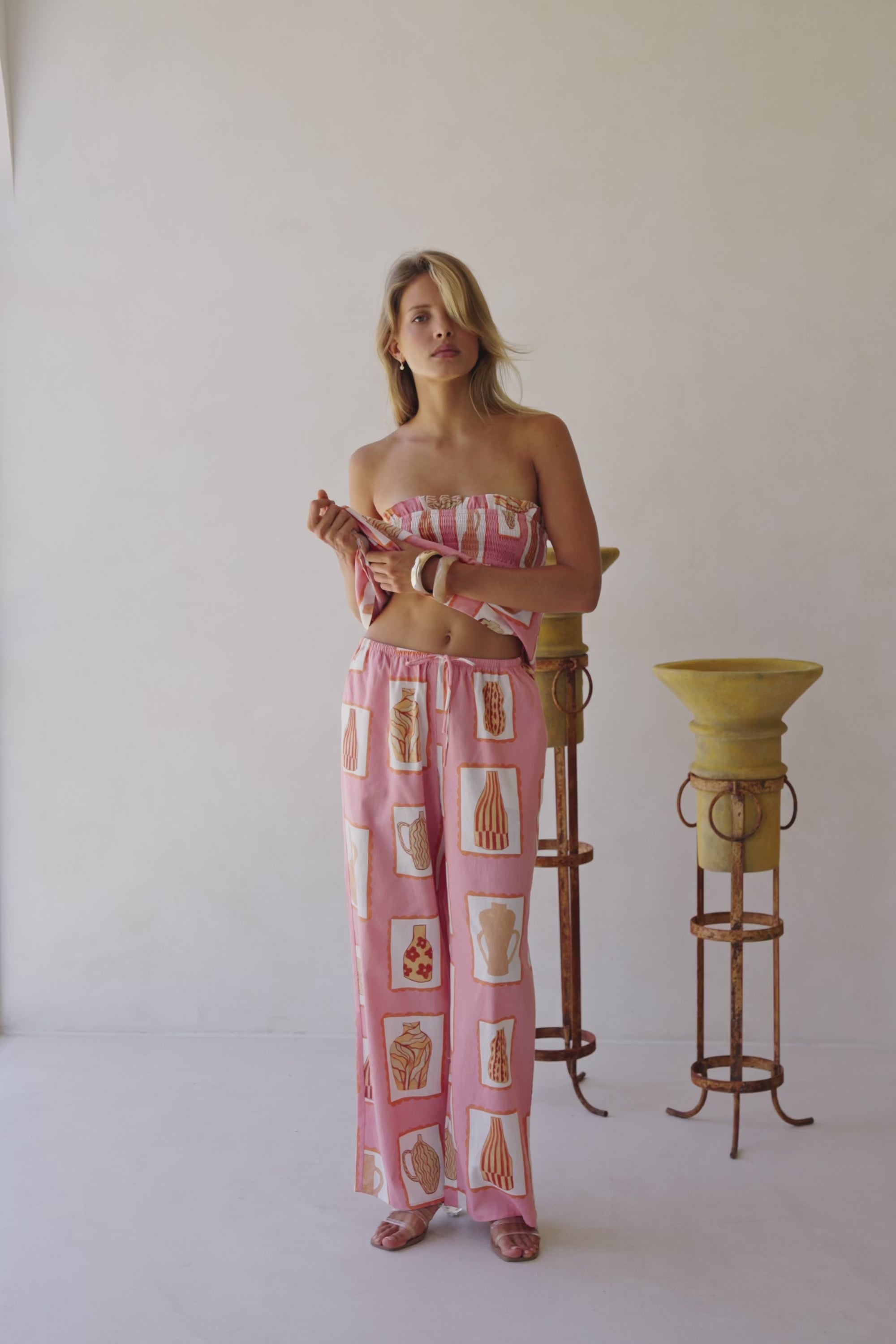 Pink Florero Print Elastic Drawstring Lucia Pants