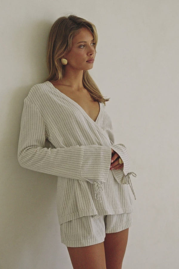 Beige and Black Pinstripe Lyla Wrap Top