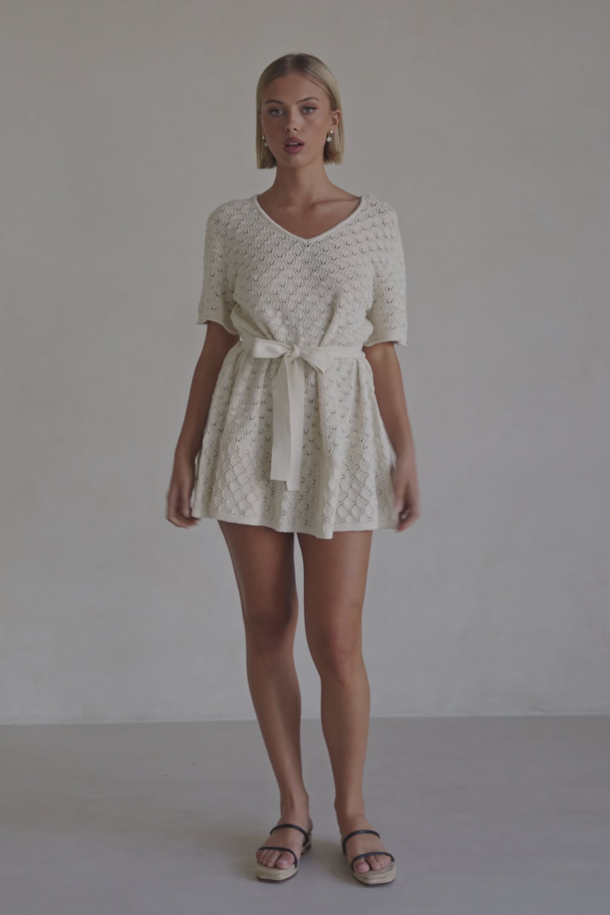 Cream Pointelle Knit Waist Tie Mini Demi Dress