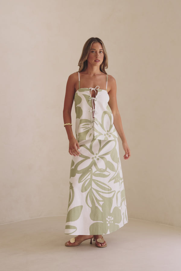 Green Paradisus Floral Print Bow Maxi Midori Dress