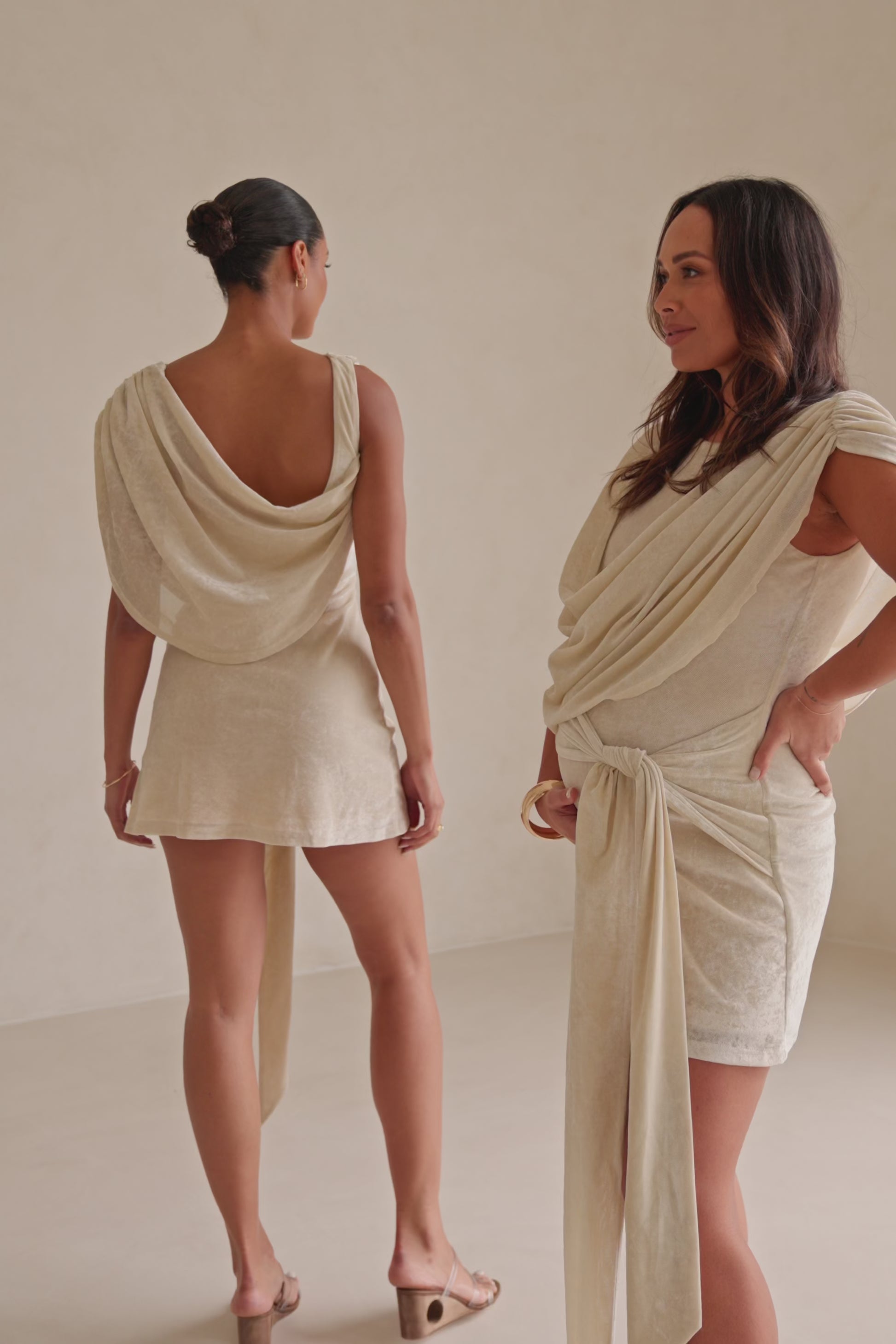 Beige Suede Plunge V Neck Tie Mini June Dress