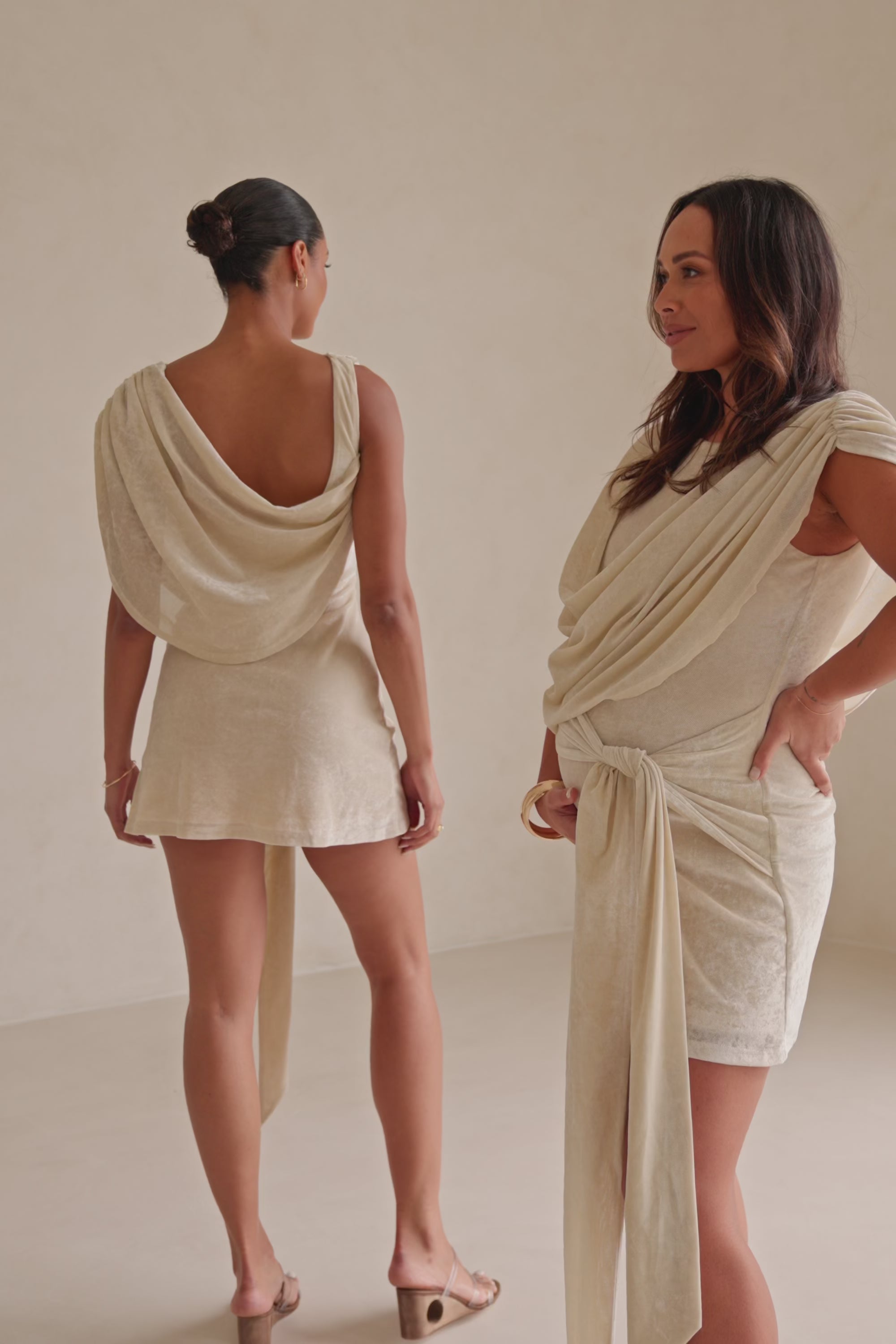 Beige Suede Plunge V Neck Tie Mini June Dress
