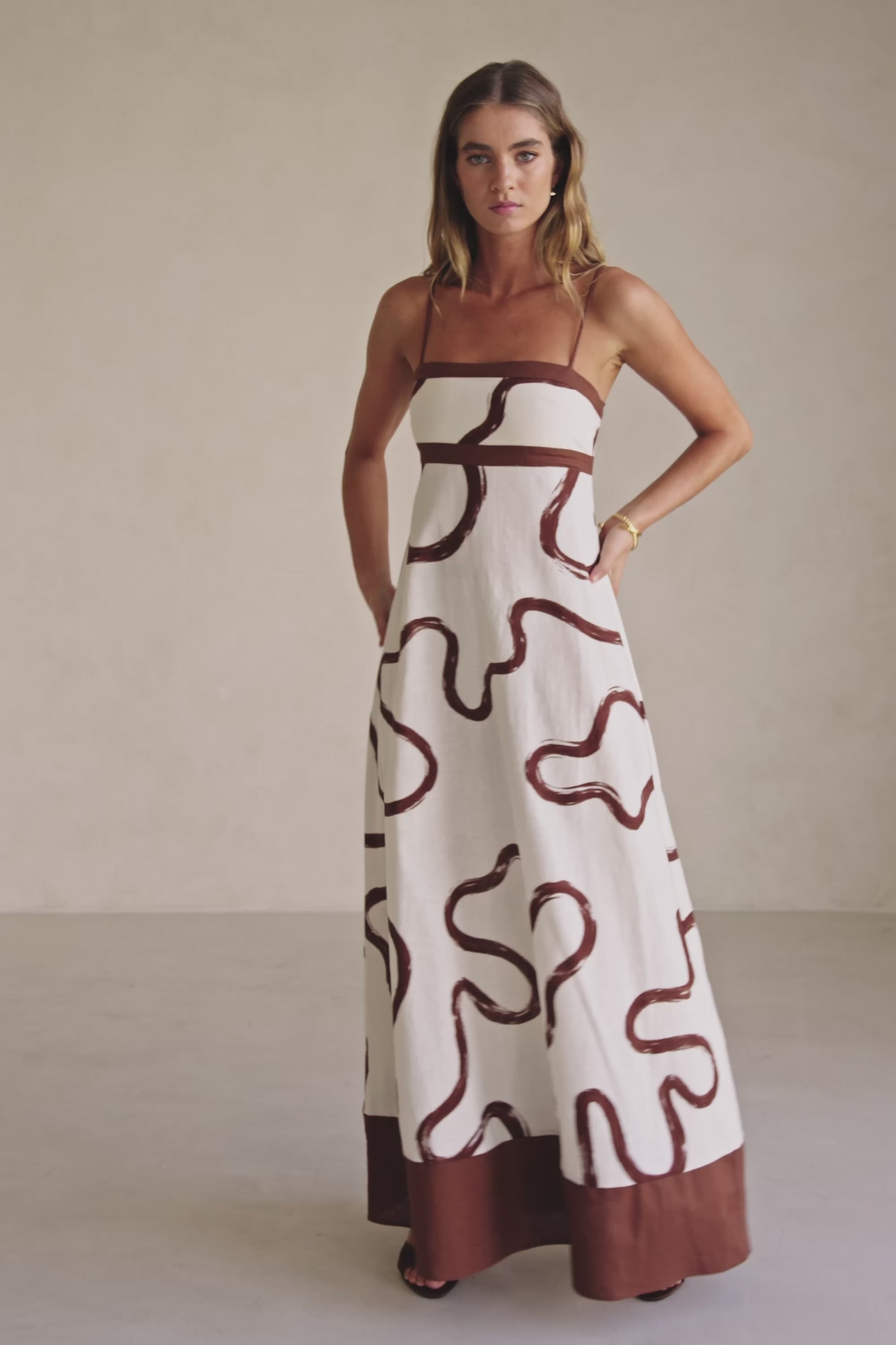 Cream Marbled Mocha Floral Strappy Maxi Addy Dress