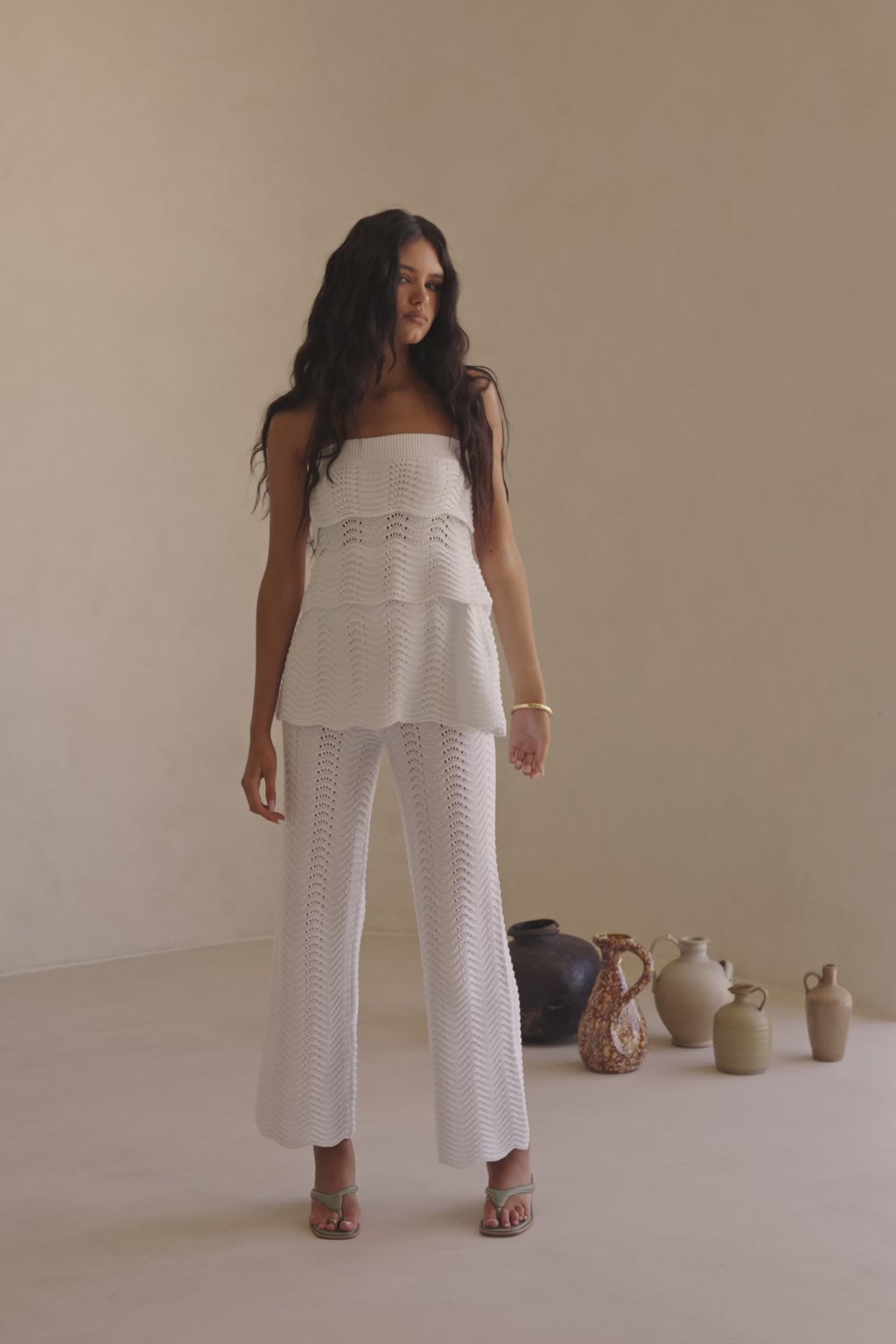 White Wave Knit Strapless Panel Kama Top