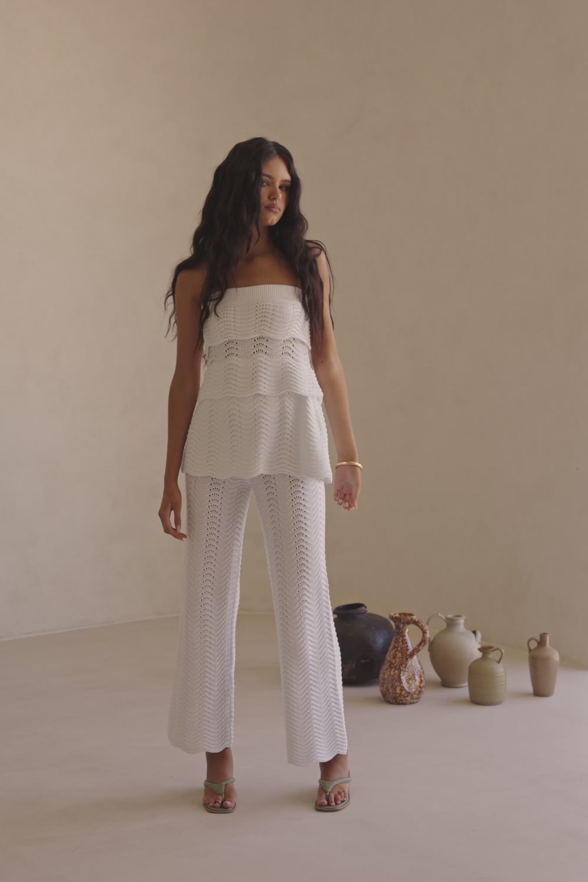 White Wave Knit Strapless Panel Kama Top