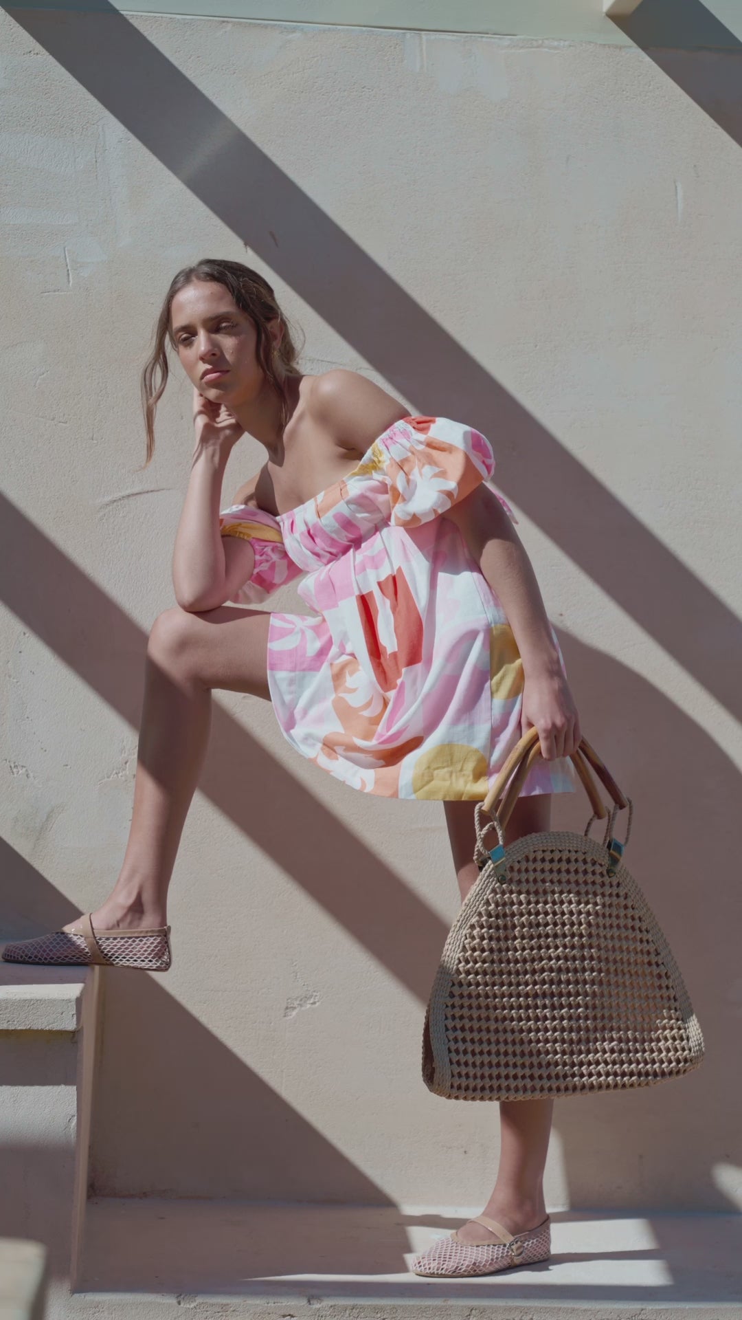 Zoi Babydoll Dress - Palm Tile Fuego Pink Red Orange Yellow