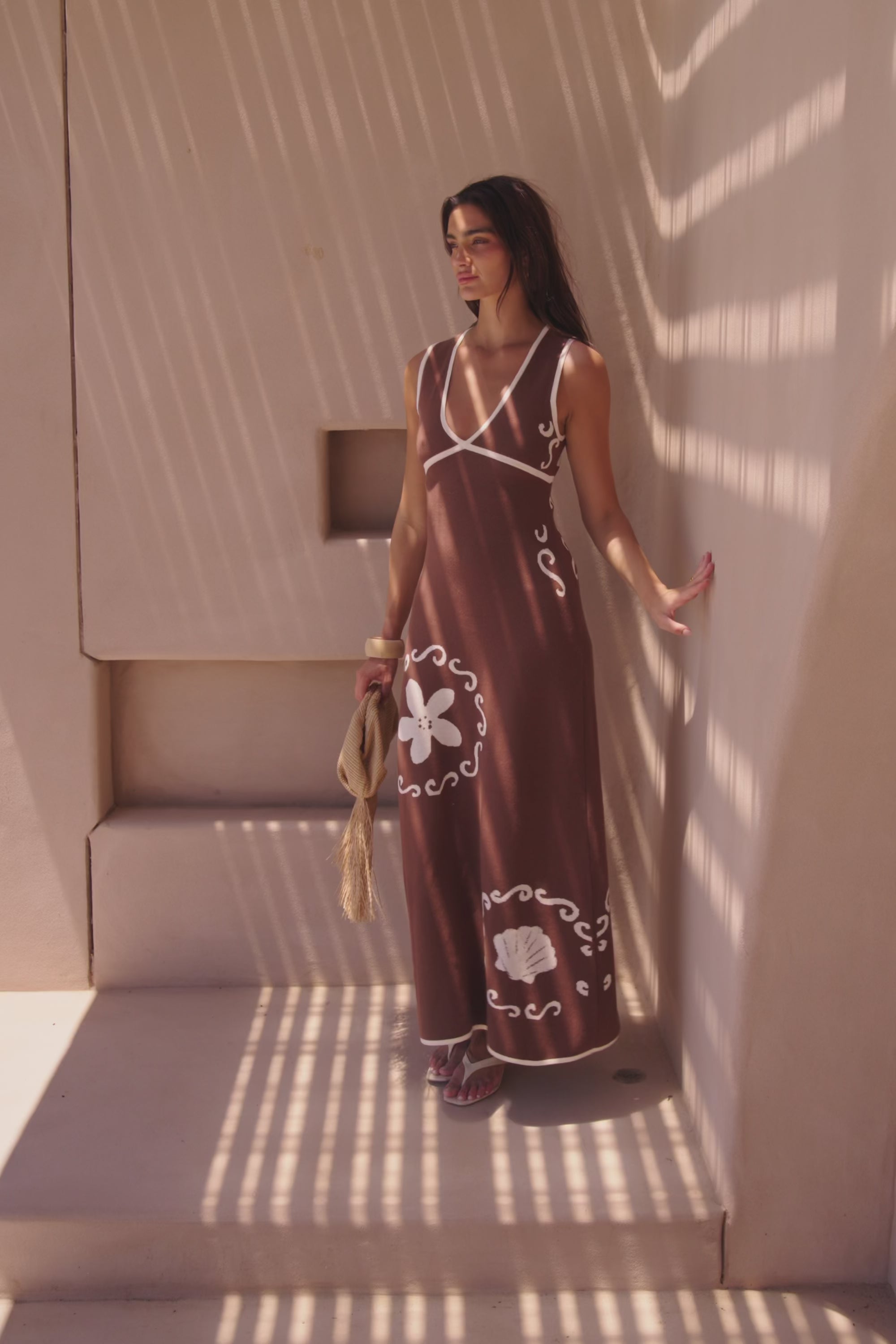 Emelia V Neckline Maxi Knit Dress - Brown, White