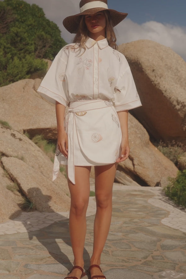 La Costa Embroidered Wrap Mini Skirt - Serenita, White, Beige, Pink