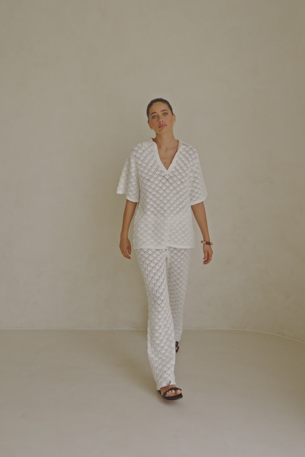 White Knit High Waist Drawstring Aya Pants