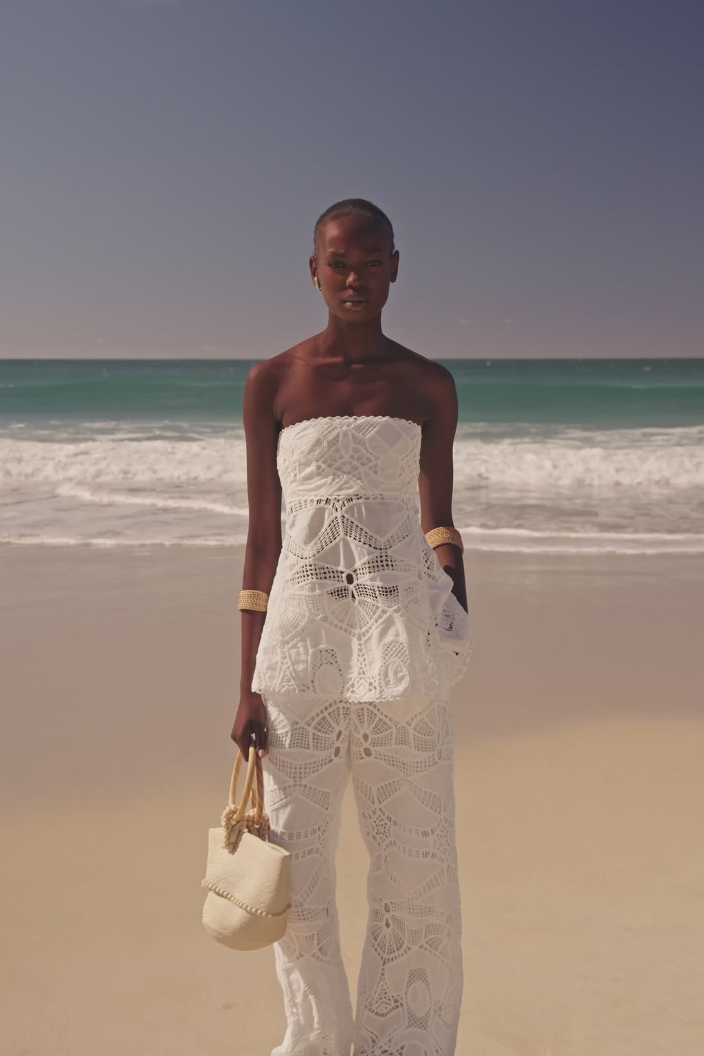 White Embroidered Cutwork Wide Leg Donna Pants