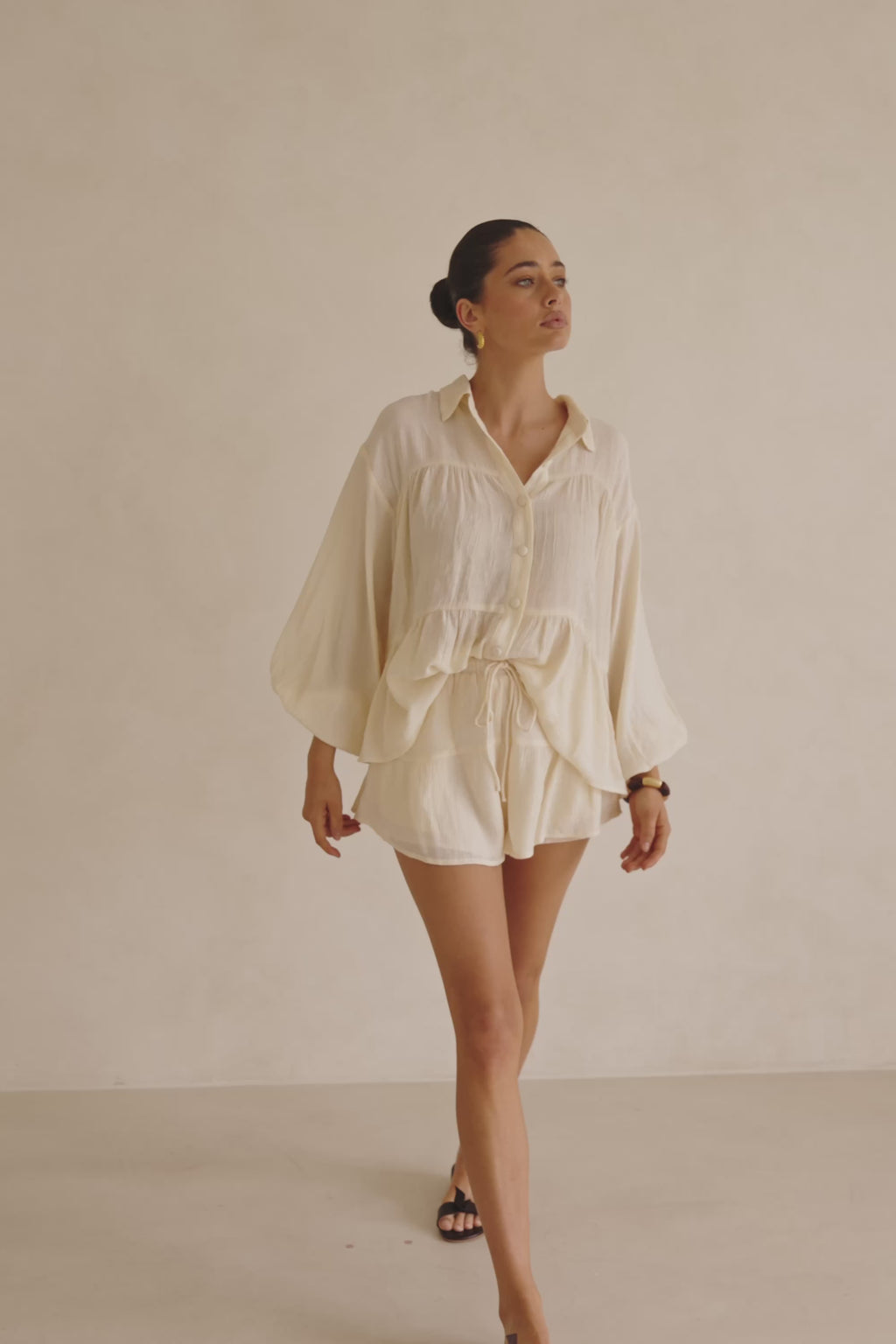 Cream Long Sleeve Button Up Collar Panel Huxley Top