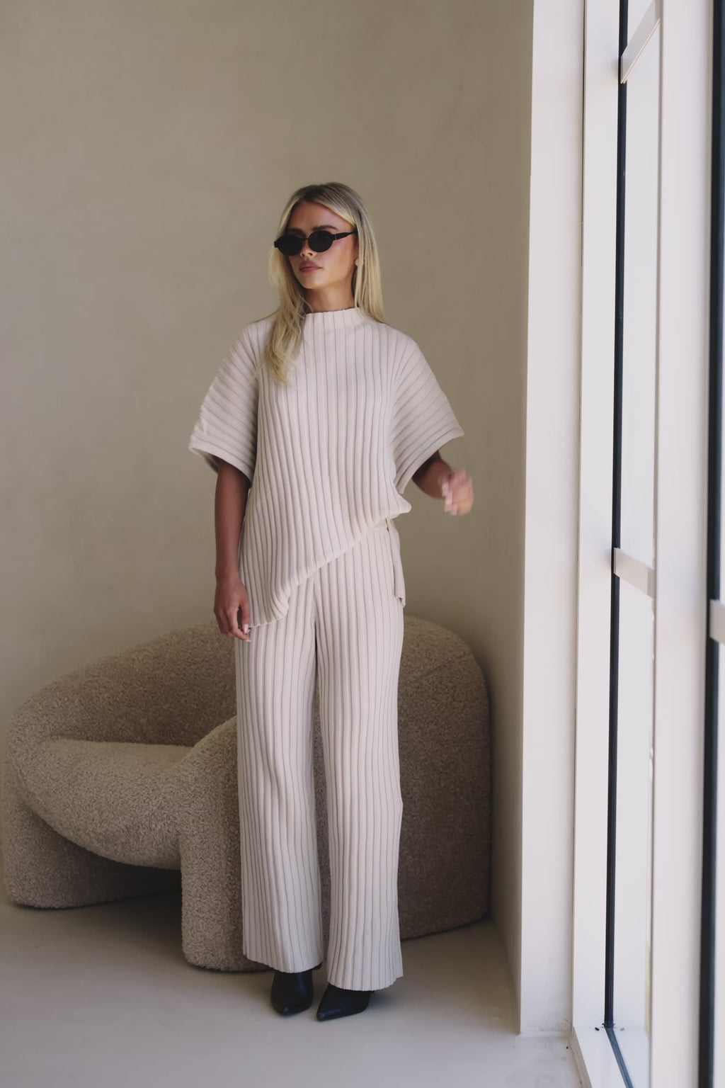 Beige Sand Ribbed Knit Celine Pants