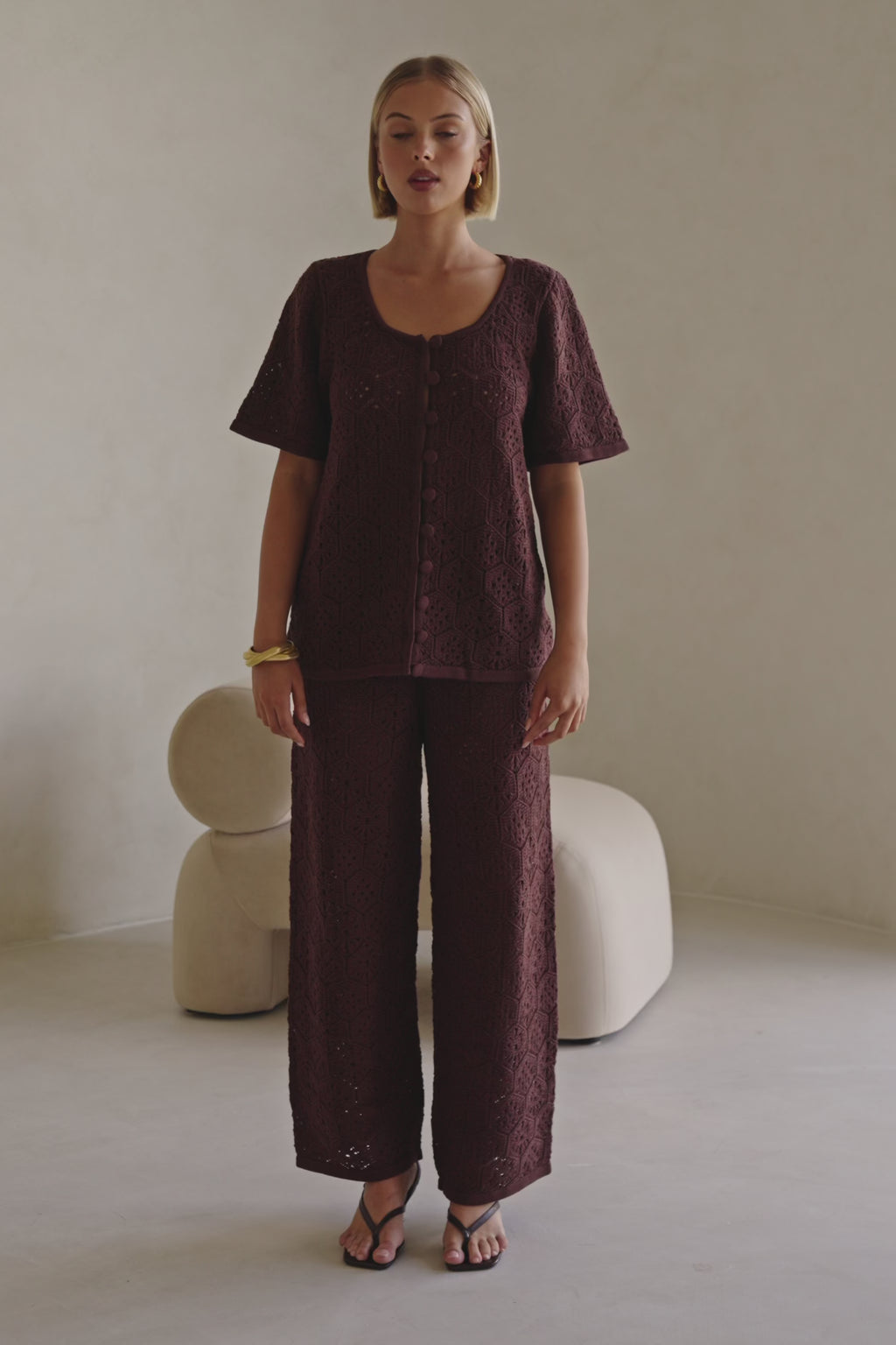 Brown Crochet Knit High Waist Umiko Pants