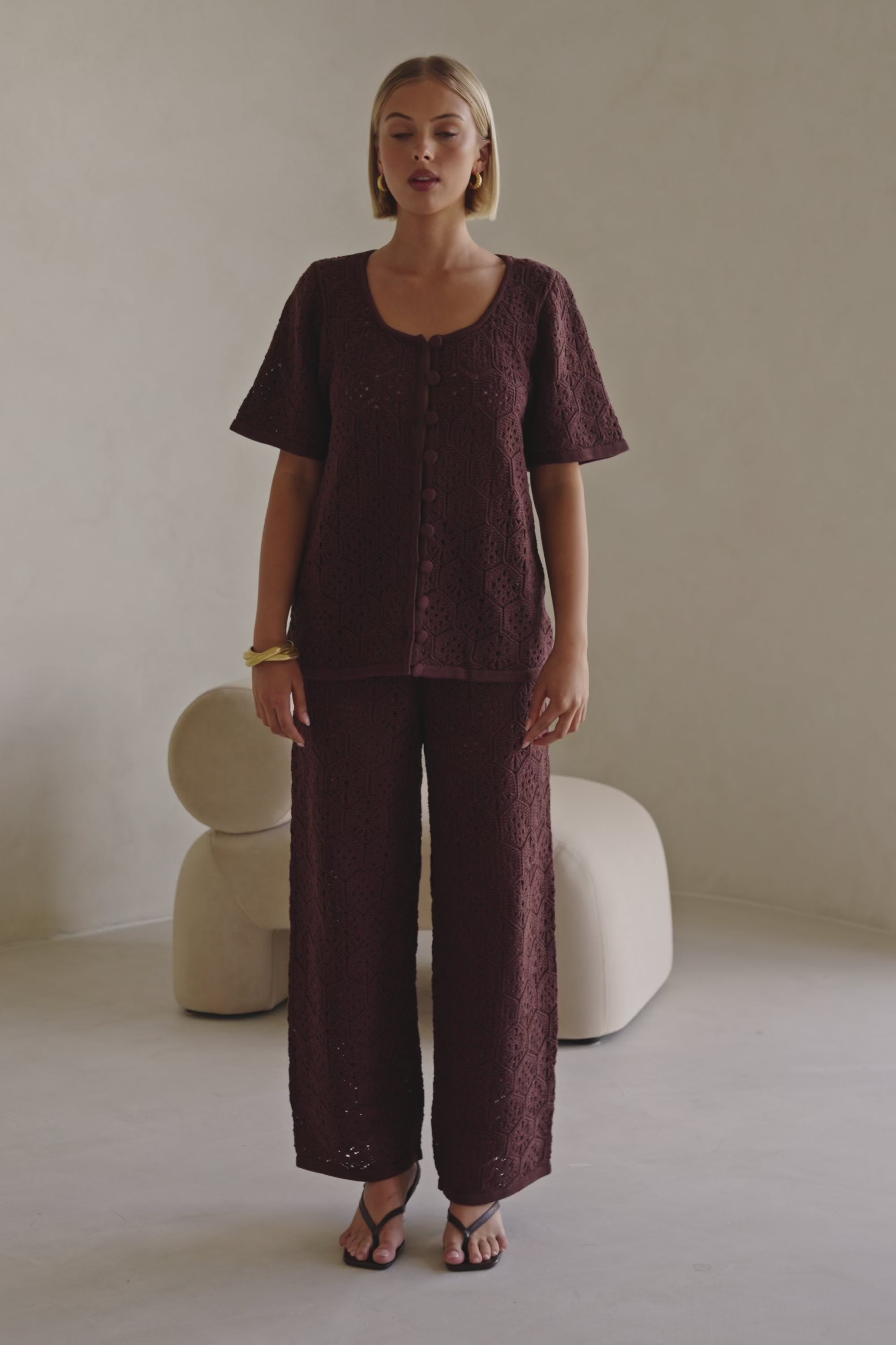 Brown Crochet Knit High Waist Umiko Pants