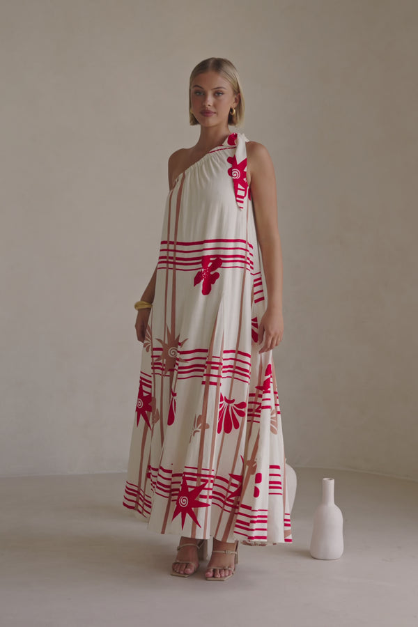 Cream Moana Red Print One Shoulder Maxi Avani Dress