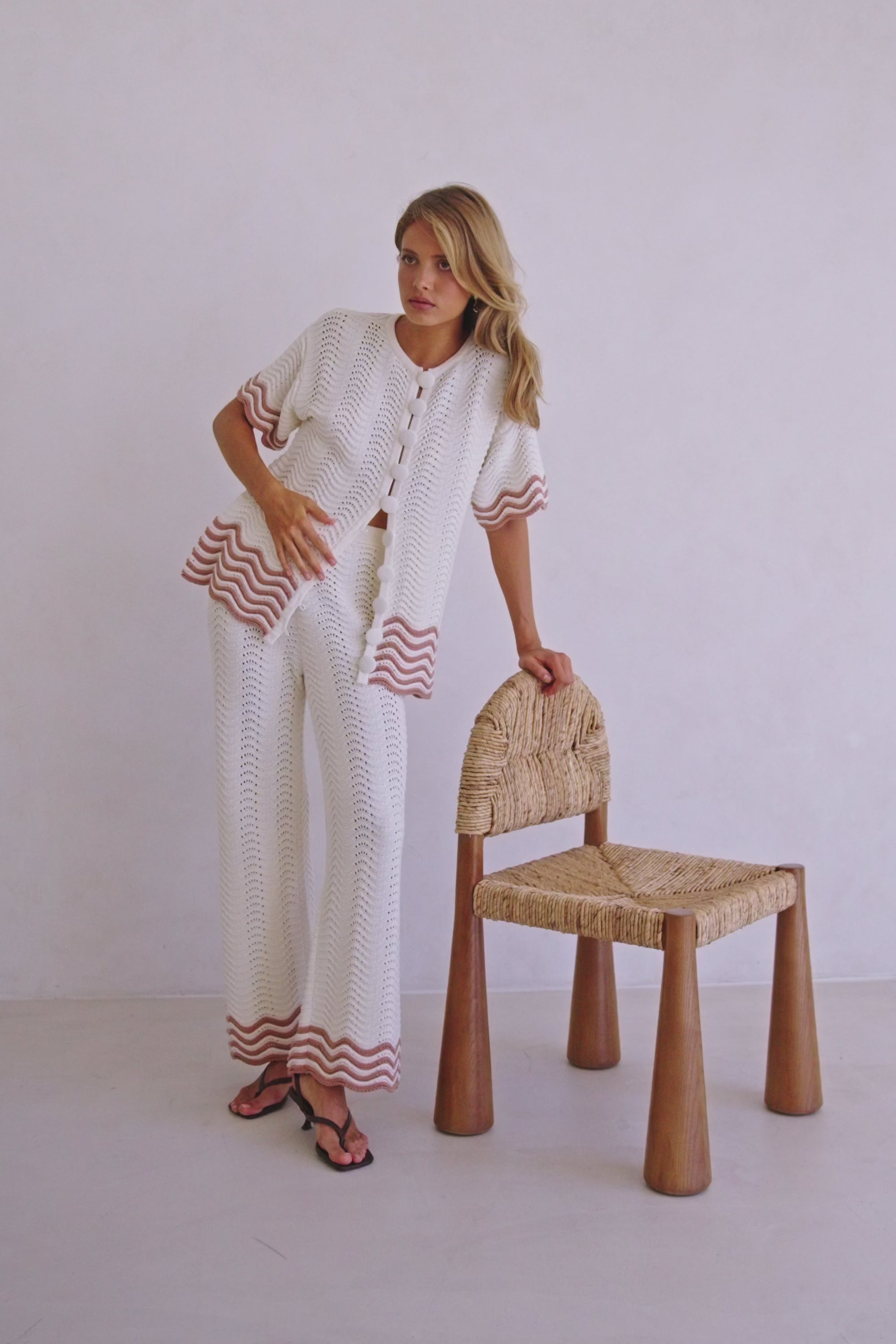 Cream Wavy Cotton Knit Button Up Janaya Top