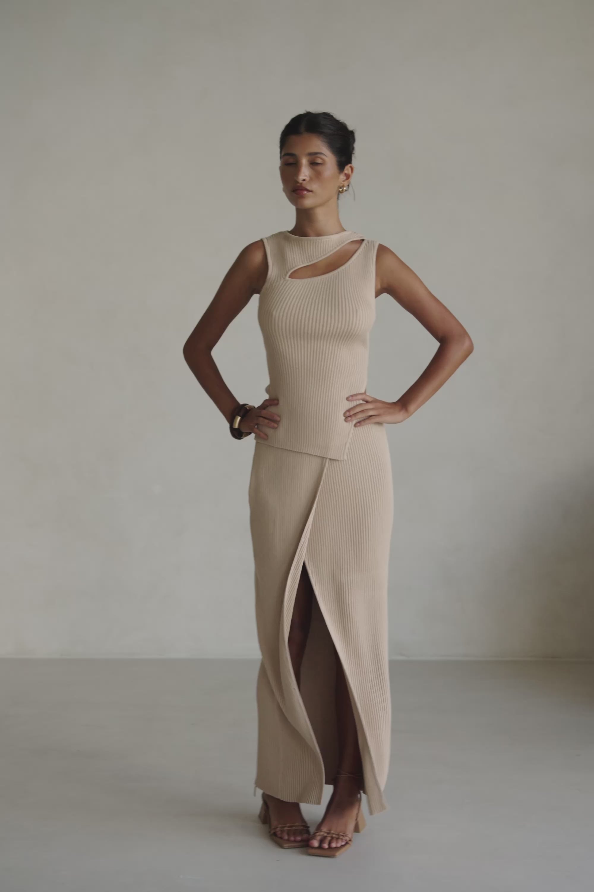 Tan Knit Asymmetric Cutout Side Split Indie Top