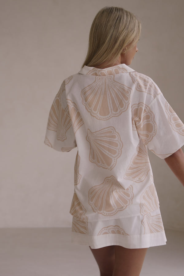 White Coastal Shell Button Up Collar Celestia Top