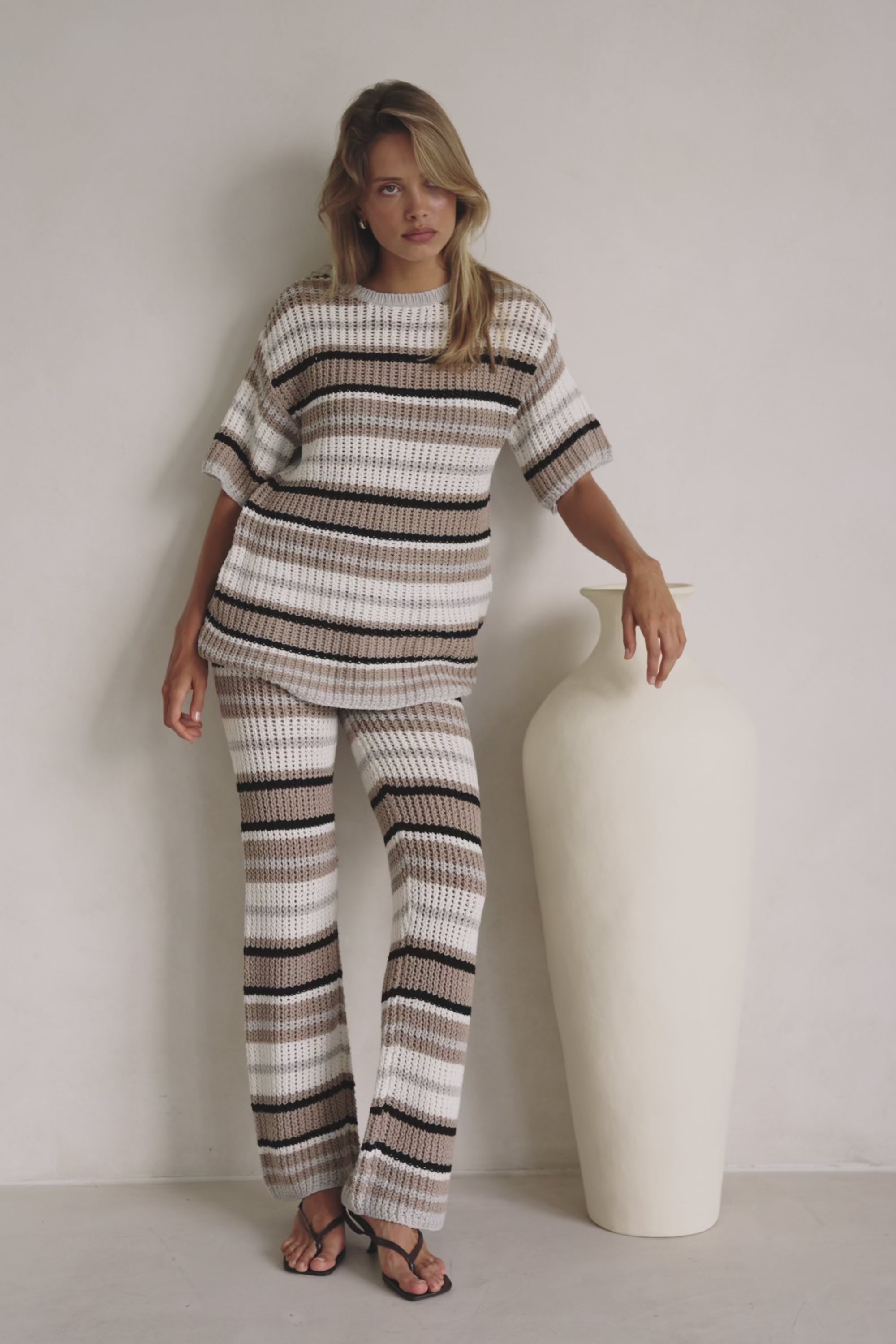 Tan and White Stripe Knit High Waist Java Pants