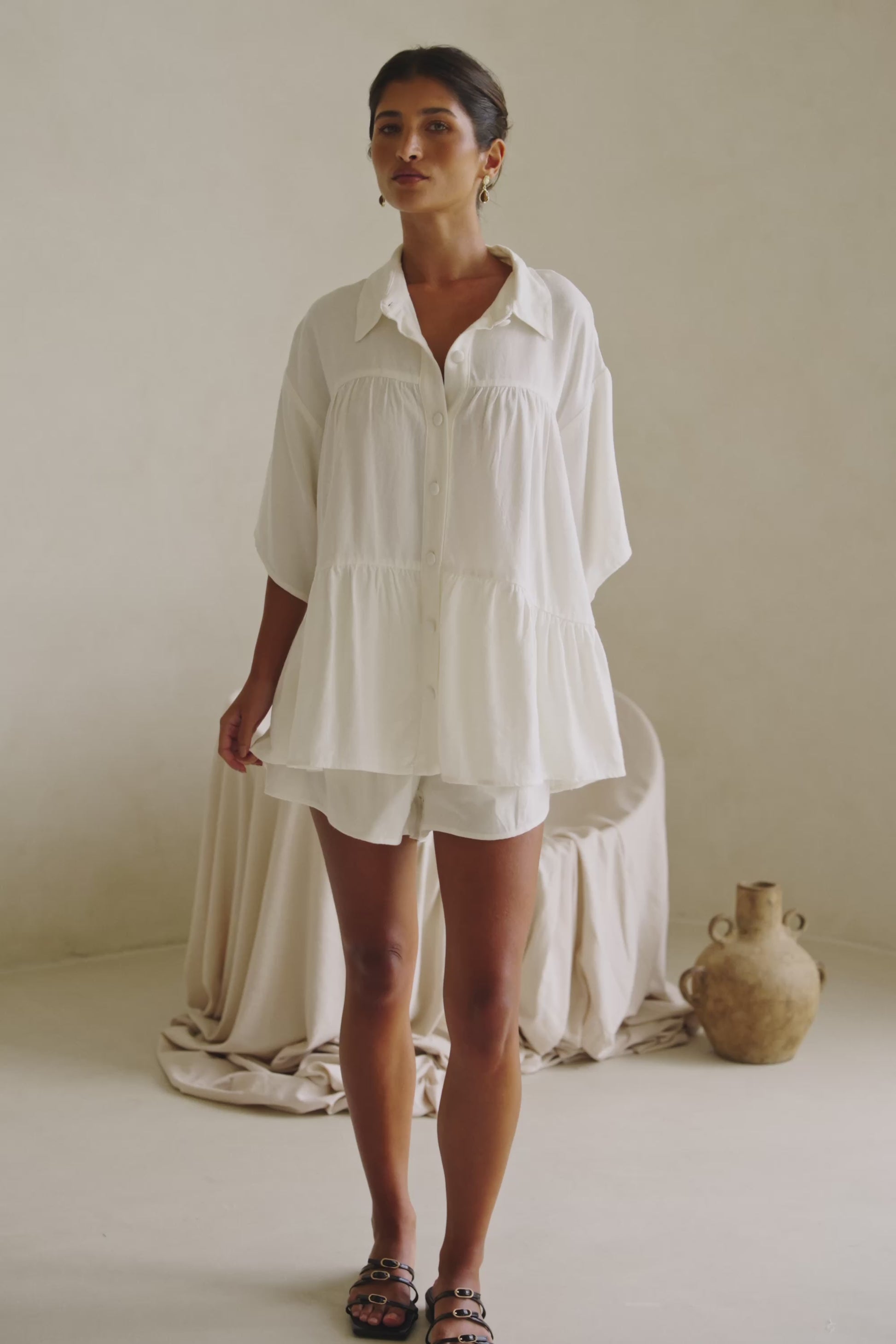 White Short Sleeve Button Up Collar Luna Top