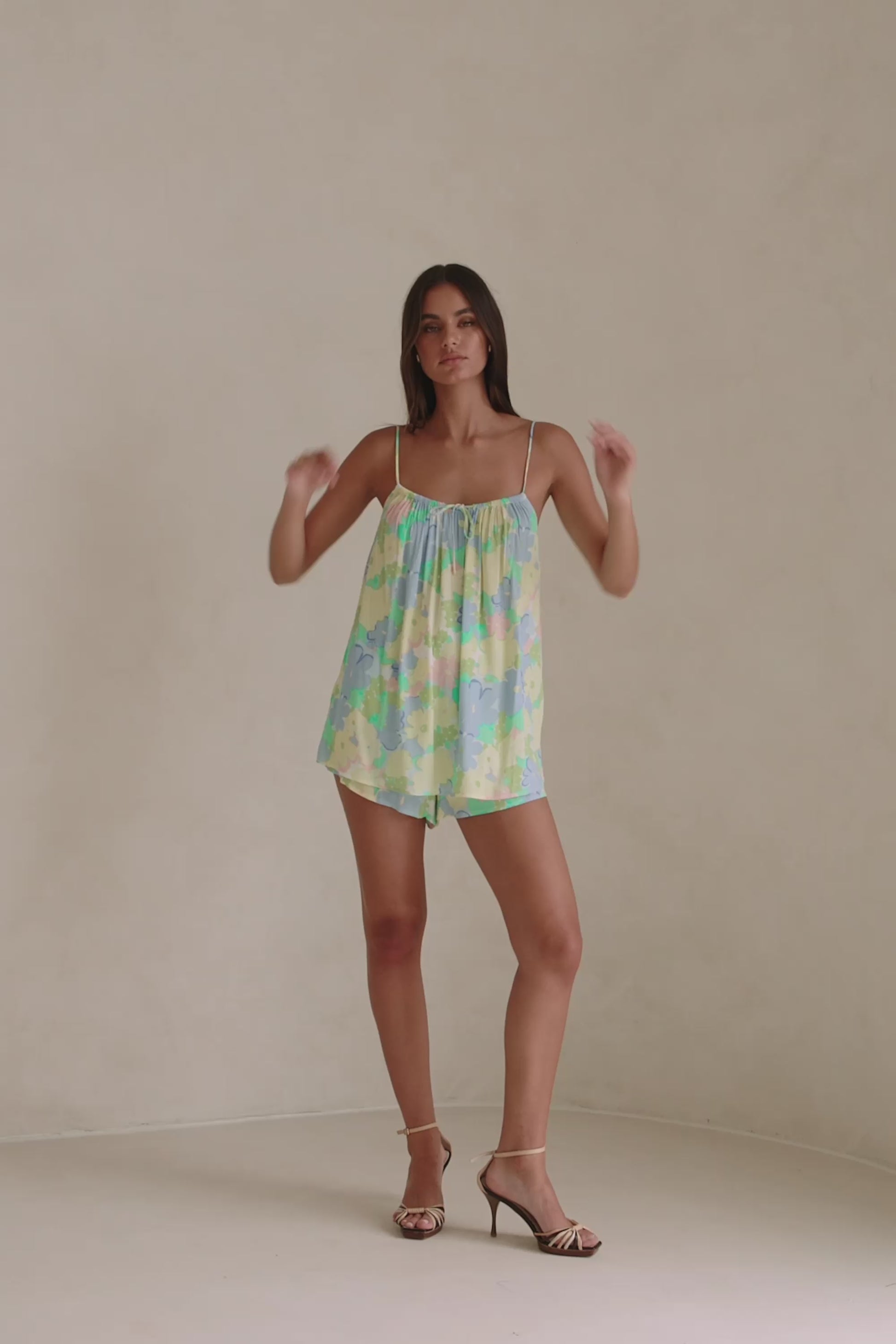 Yellow Blue Floral Adjustable Strappy Tie Jetta Top