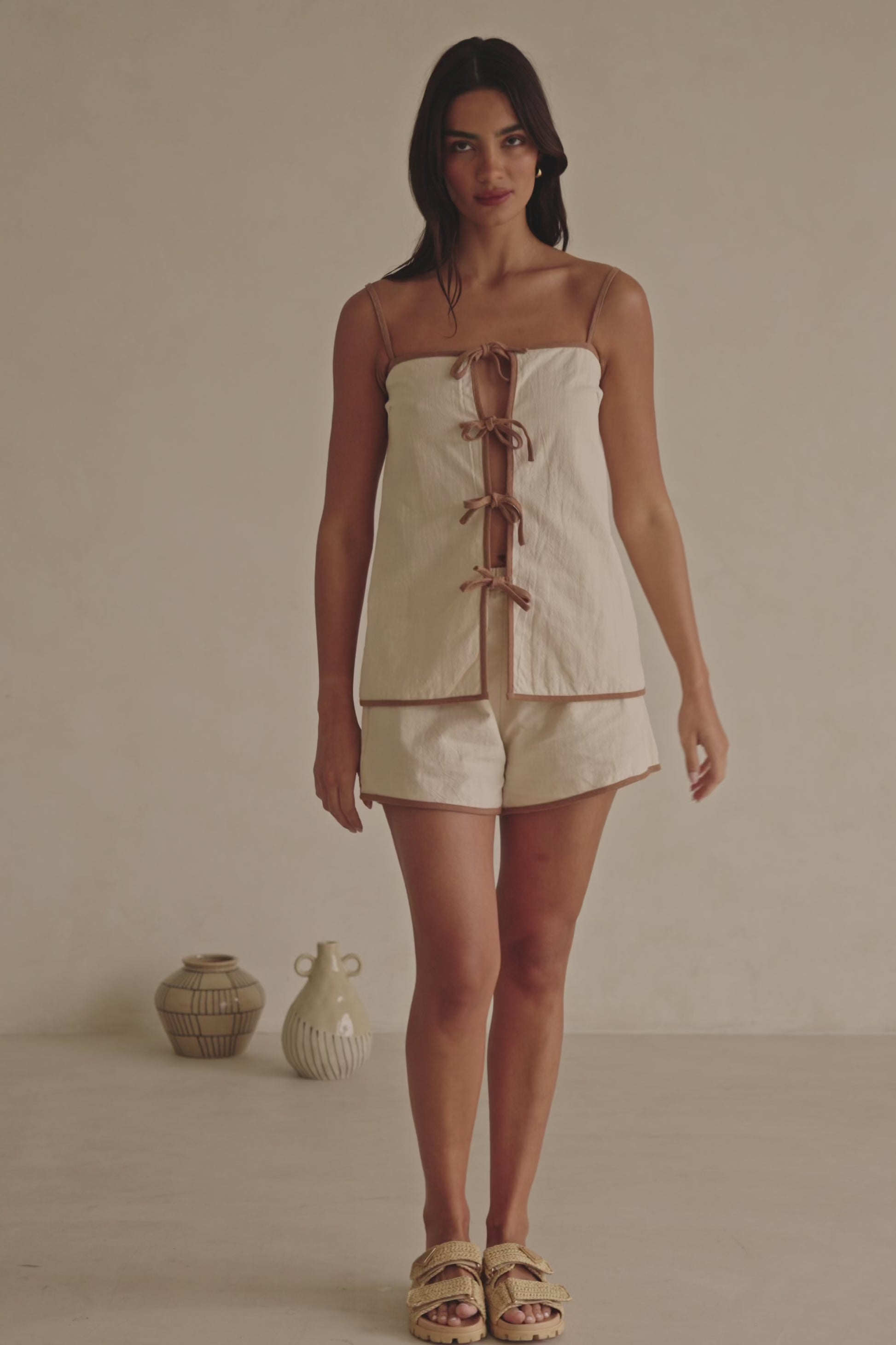 Beige Strappy Front Tie Rosalina Top