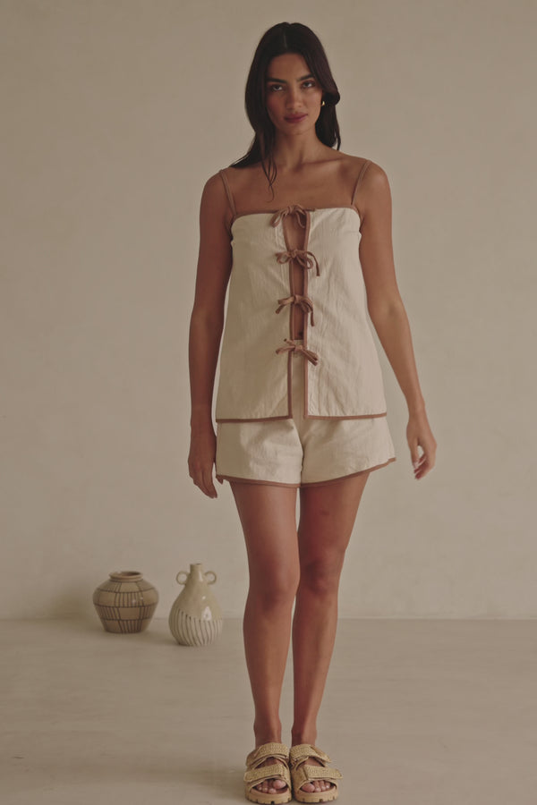 Beige Strappy Front Tie Rosalina Top