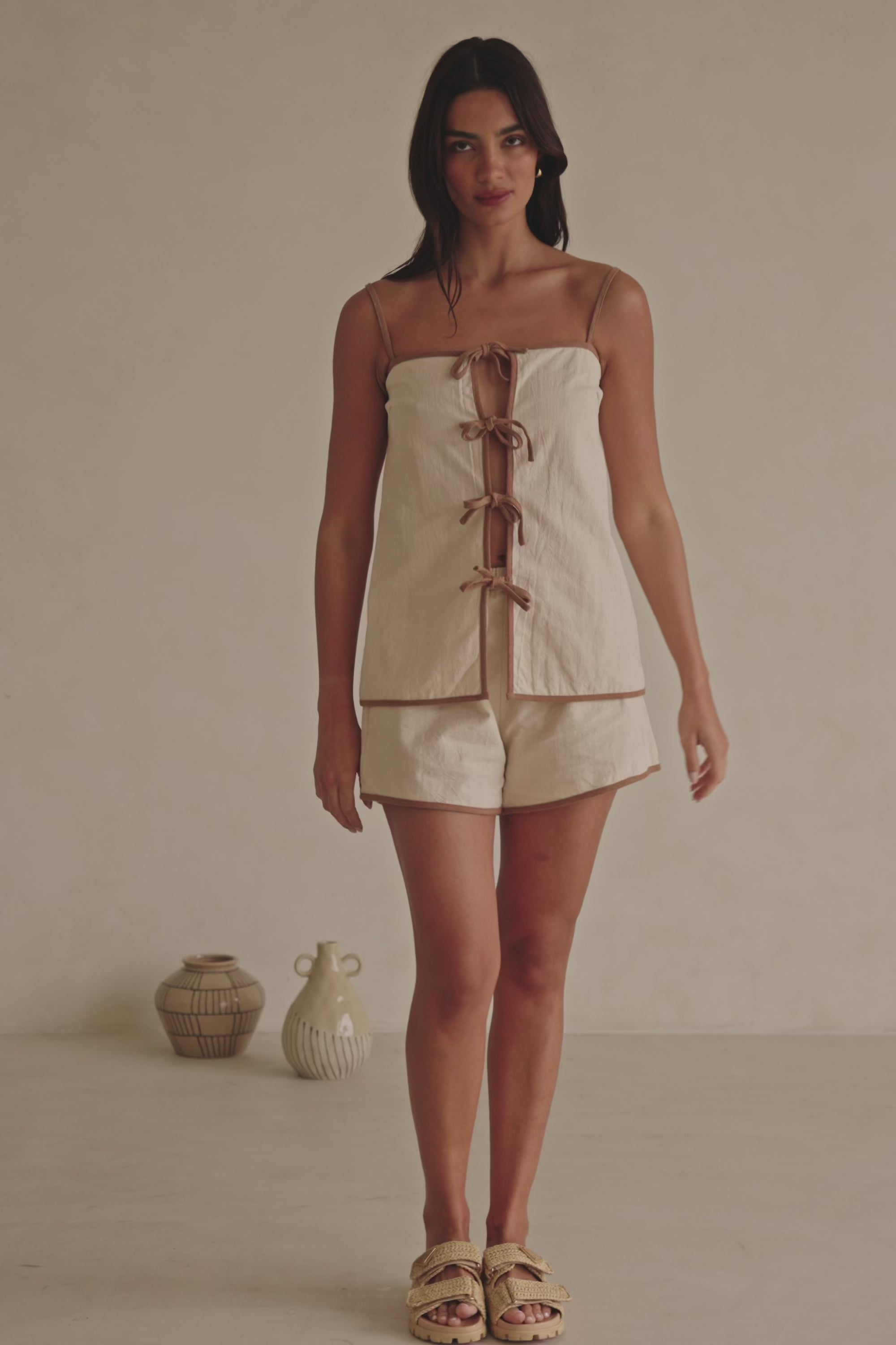 Beige Strappy Front Tie Rosalina Top