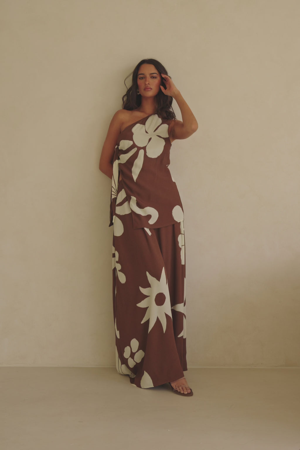 Lessi One Shoulder Tie Maxi Dress - Galene Brown Print