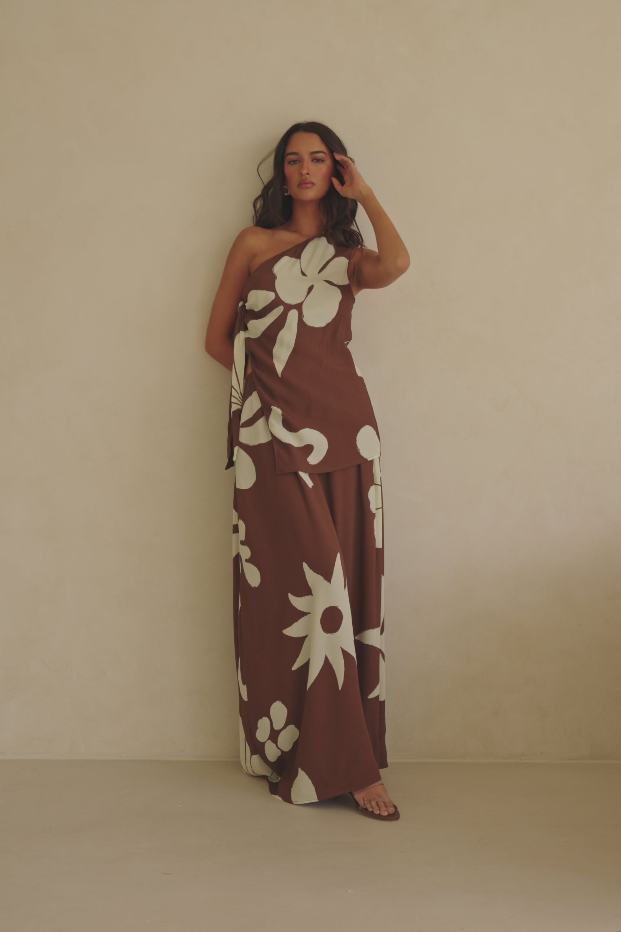 Lessi One Shoulder Tie Maxi Dress - Galene Brown Print