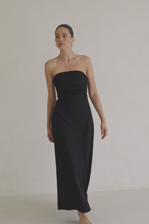 Formal Black Strappless Ruched Maxi Estella Dress