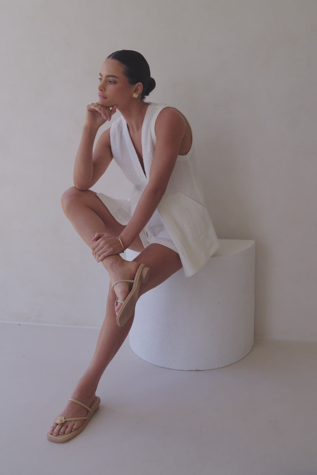 White Plunge V Neck Button Zoriah Top