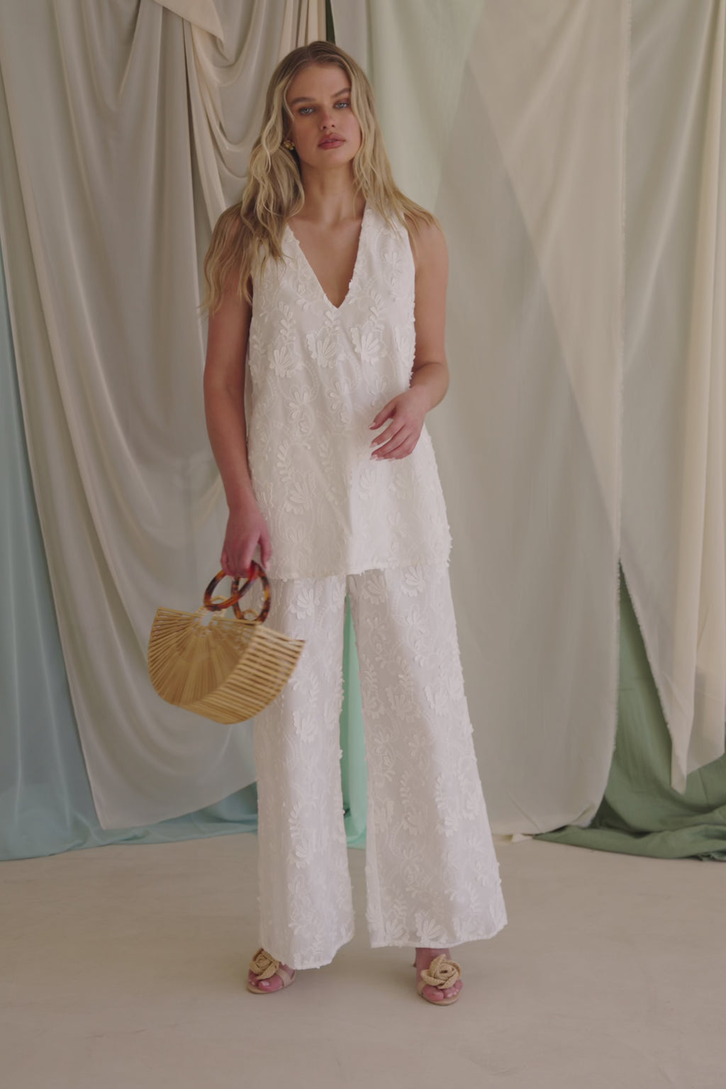 White Leafy Motif V Neck Cambria Top