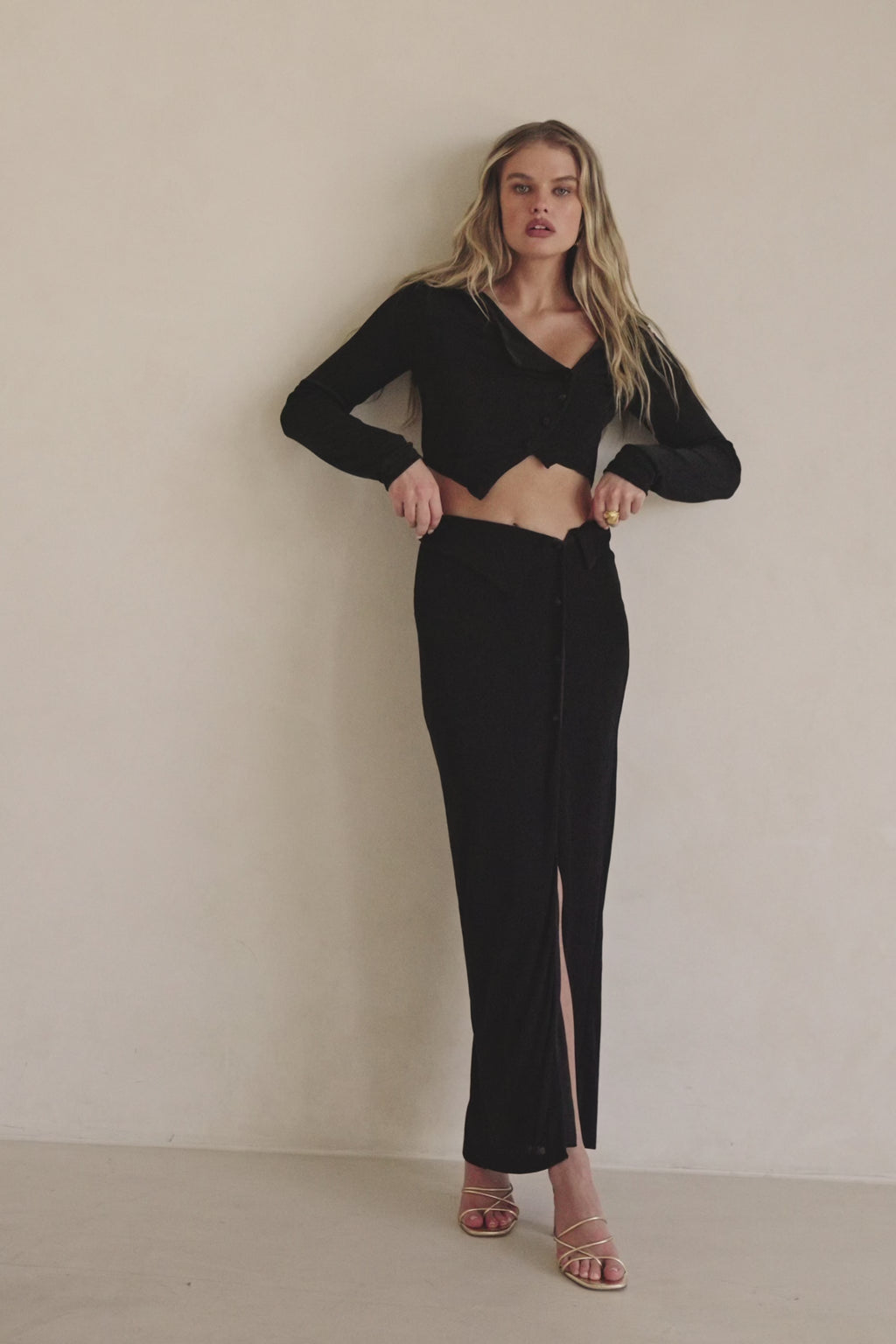 Black Asymmetric Button Up Cropped Indi Top