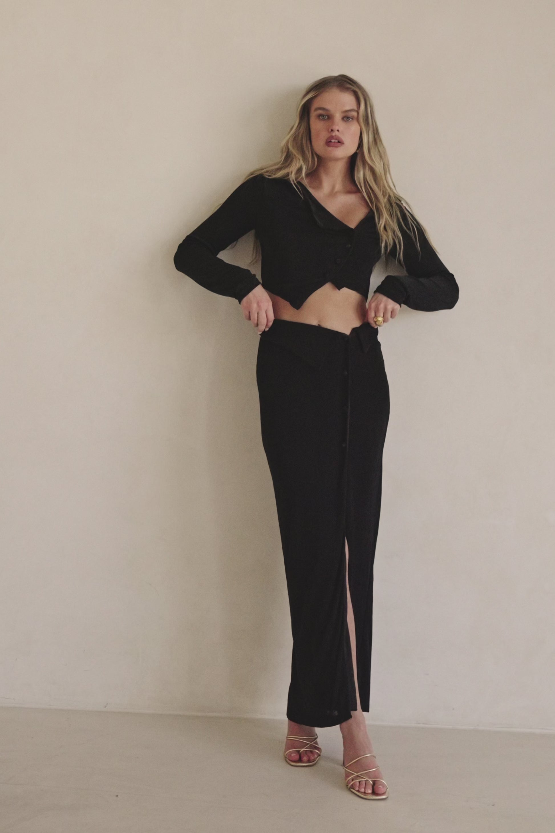 Black Asymmetric Button Up Cropped Indi Top