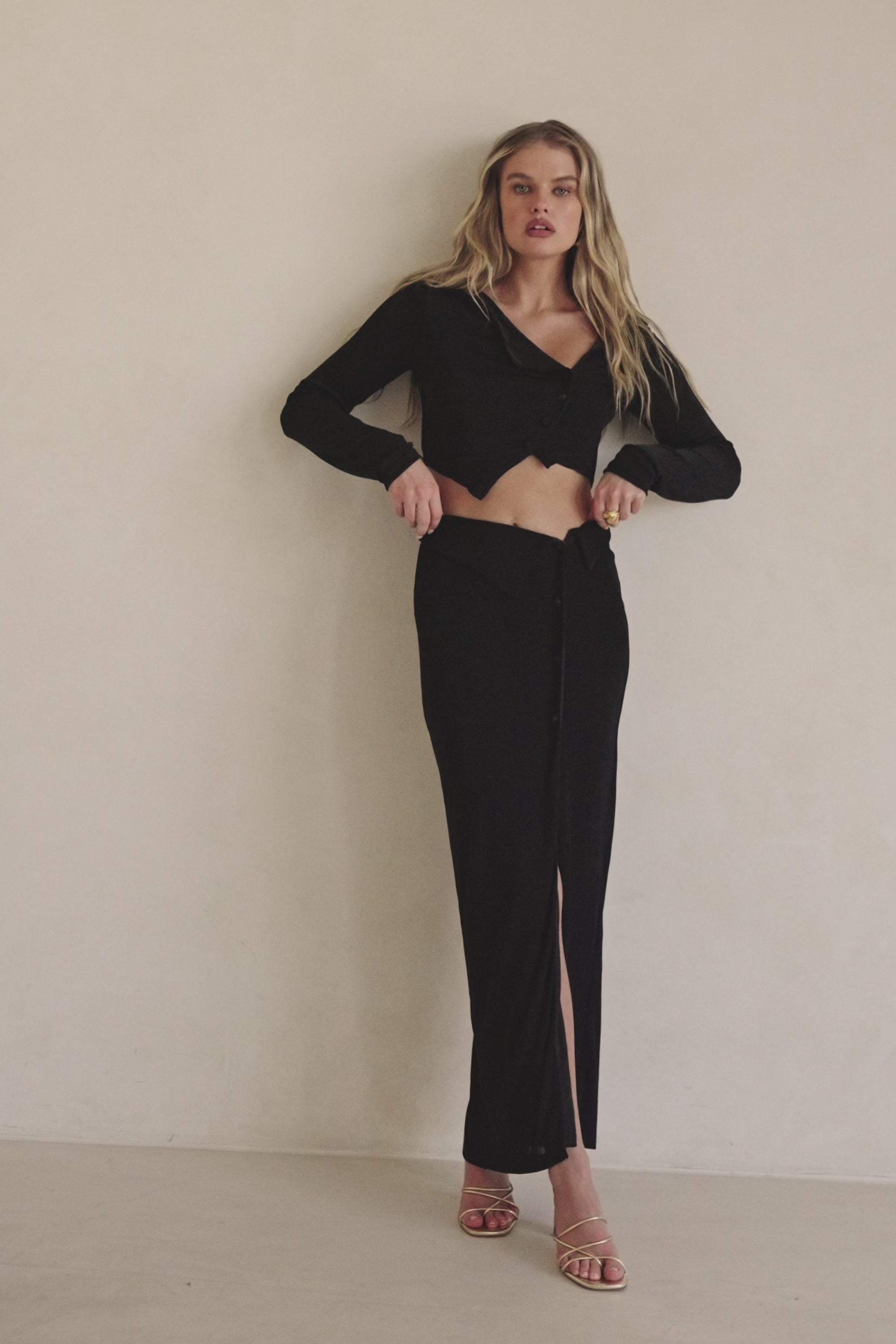 Black Asymmetric Button Up Cropped Indi Top