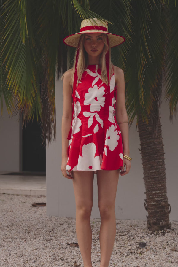 Red Sweet Caroline White Floral Side Tie Mini Mariana Dress