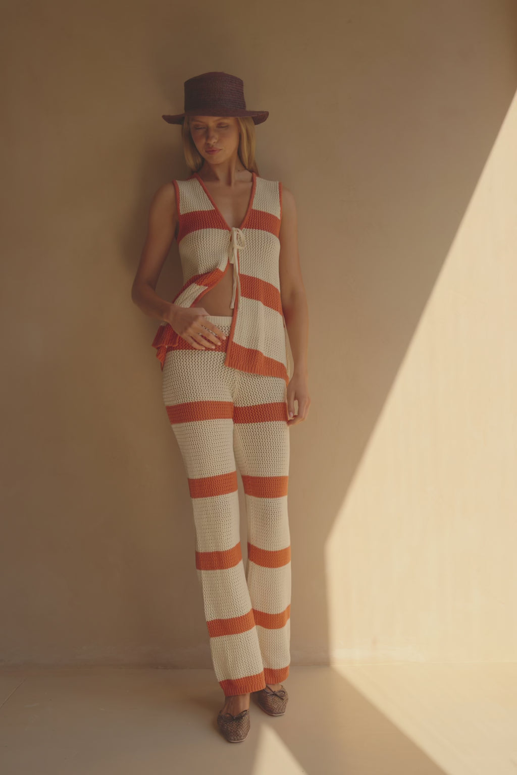 Nantes Elasticated Stripe Pants - Cream, Orange 