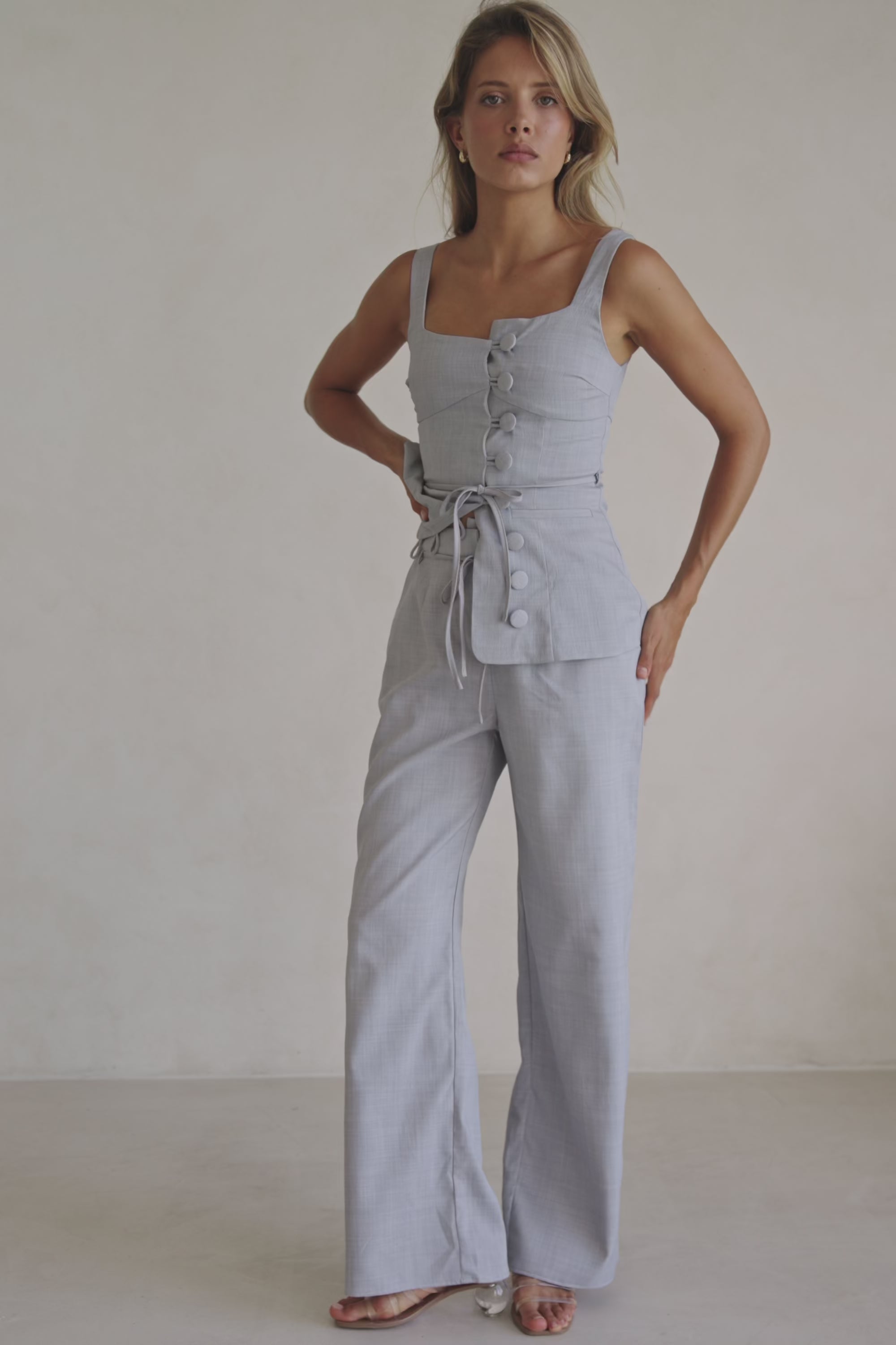 Blue High Waist Tie Khaleesi Trouser Pants