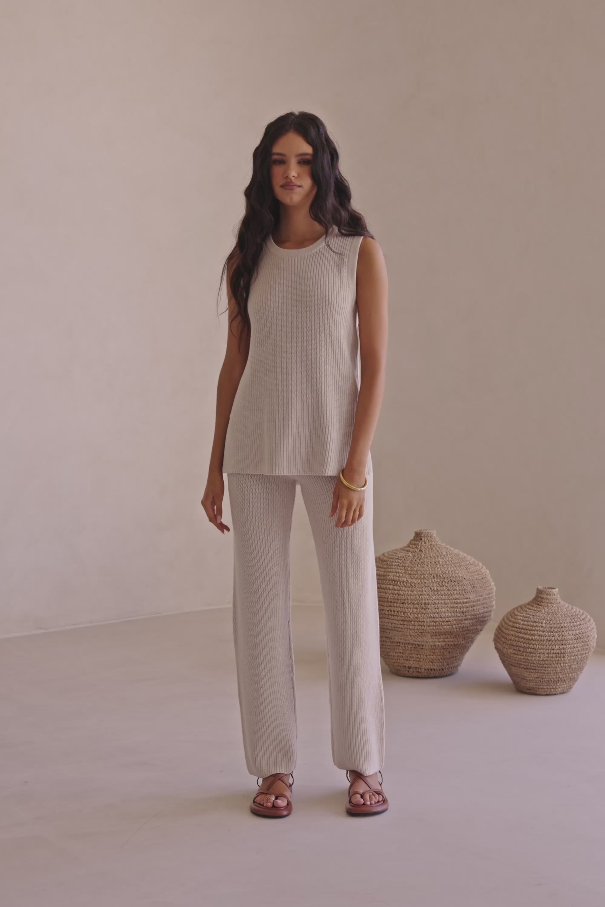 Beige Cotton Knit Elastic High Waist Maxine Pants
