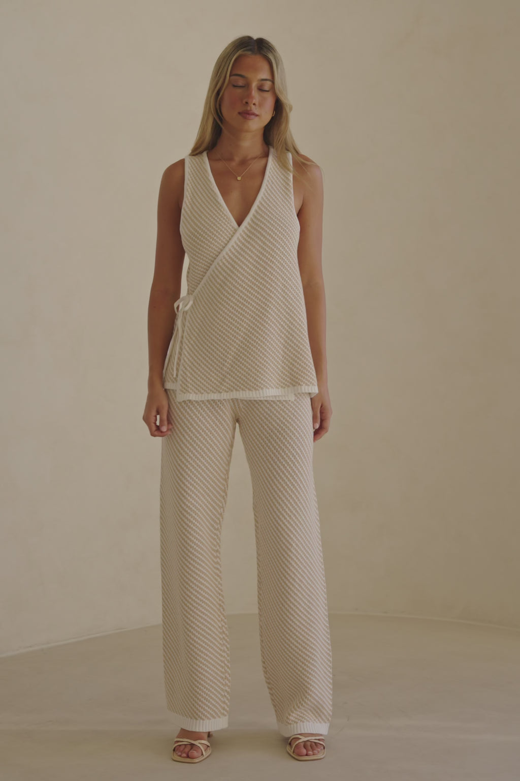 Beige and White Stripe Woven Wrap Billy Top