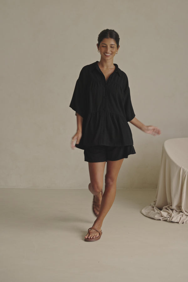 Black Short Sleeve Button Up Collar Luna Top