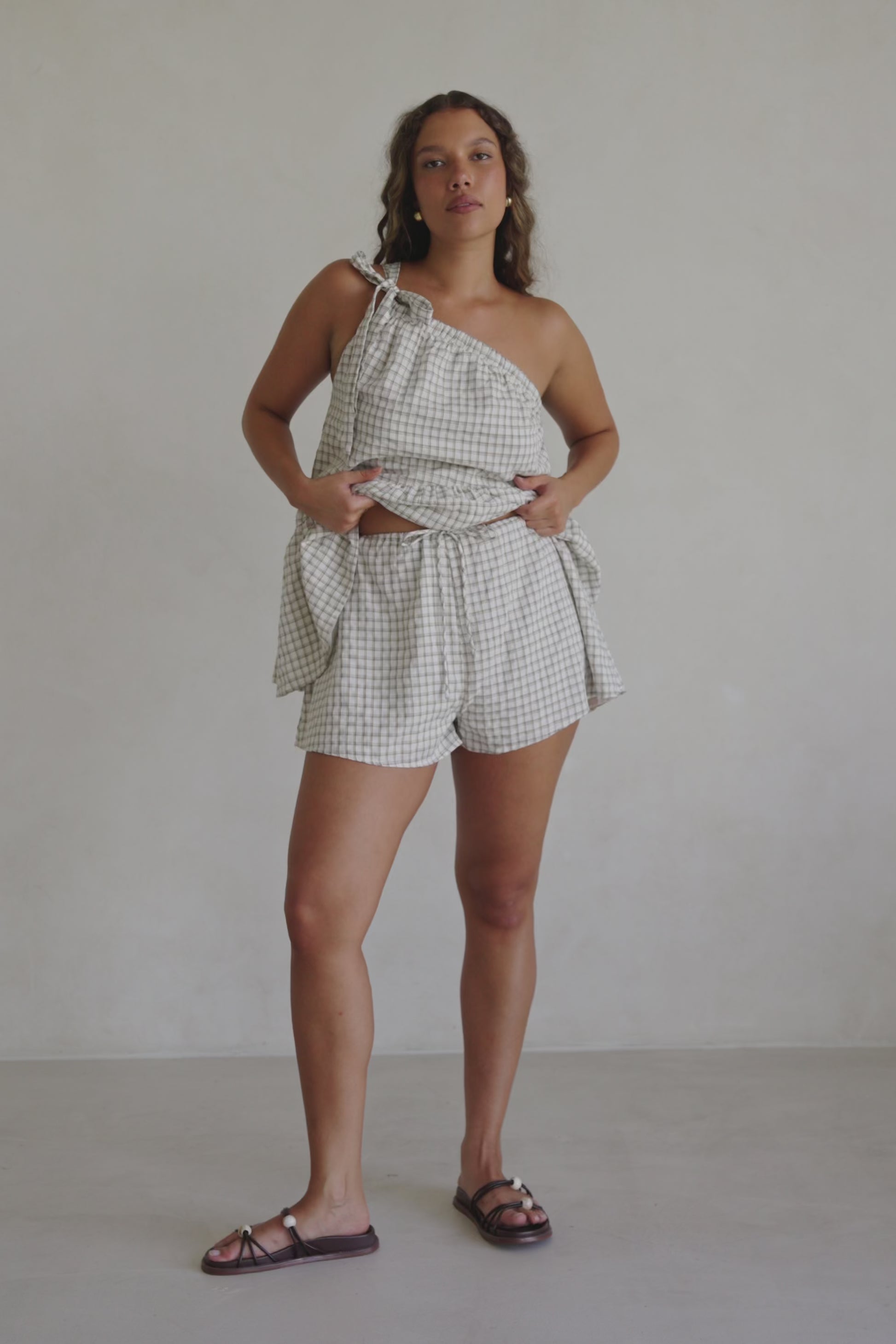 Beige Gingham Elastic Drawstring Charlie Shorts