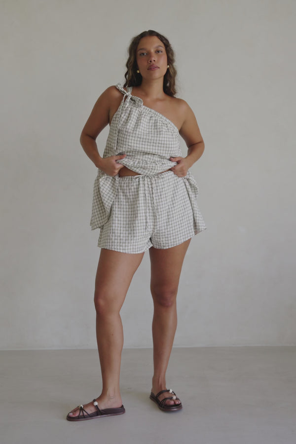 Beige Gingham Elastic Drawstring Charlie Shorts