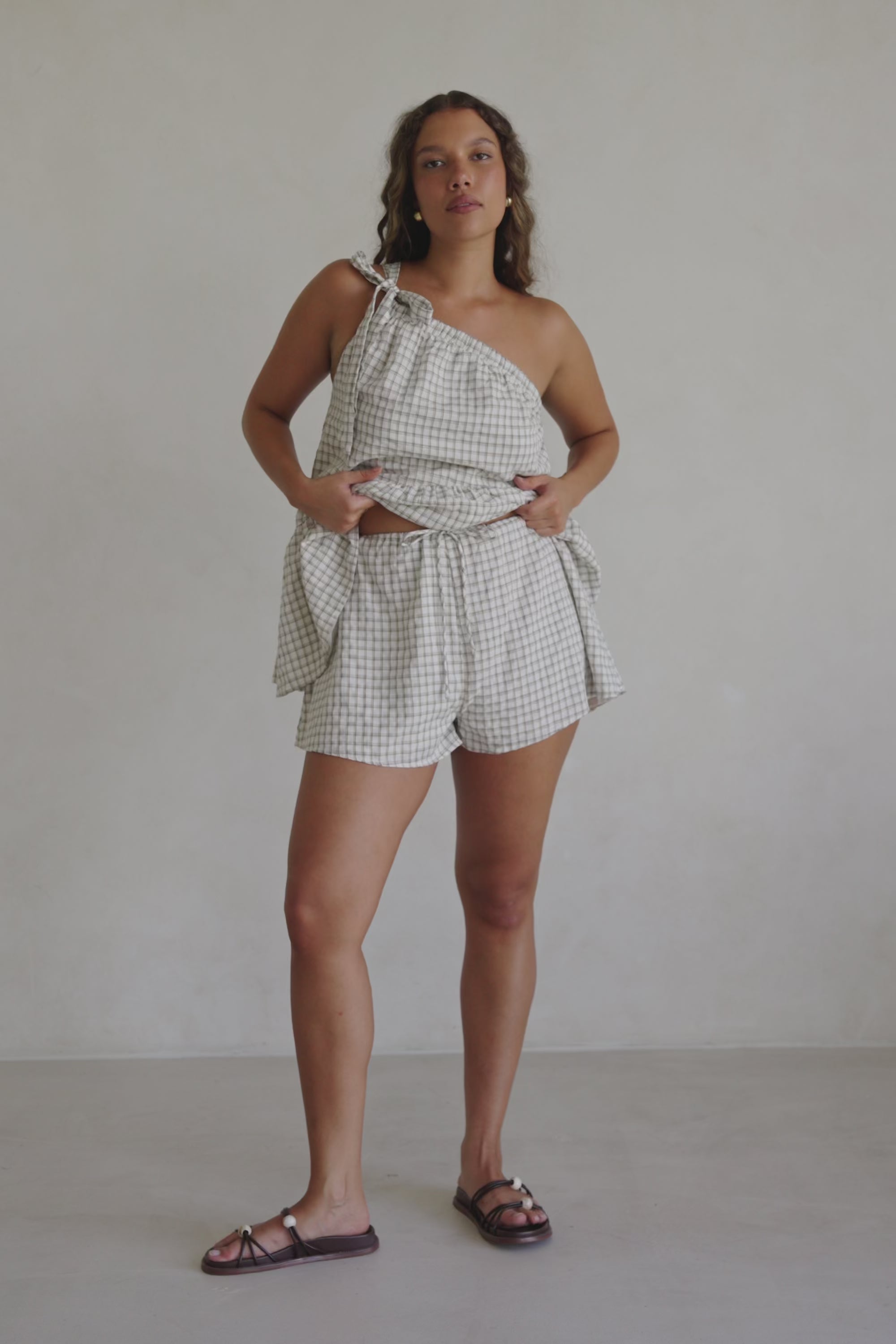 Beige Gingham Elastic Drawstring Charlie Shorts