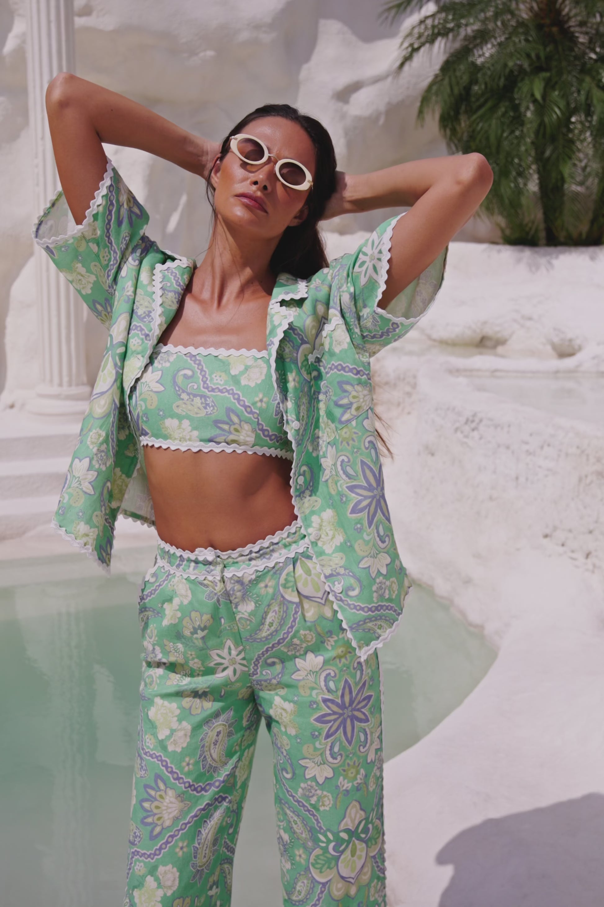 Green Floral Heritage Print Kelia Crop Top